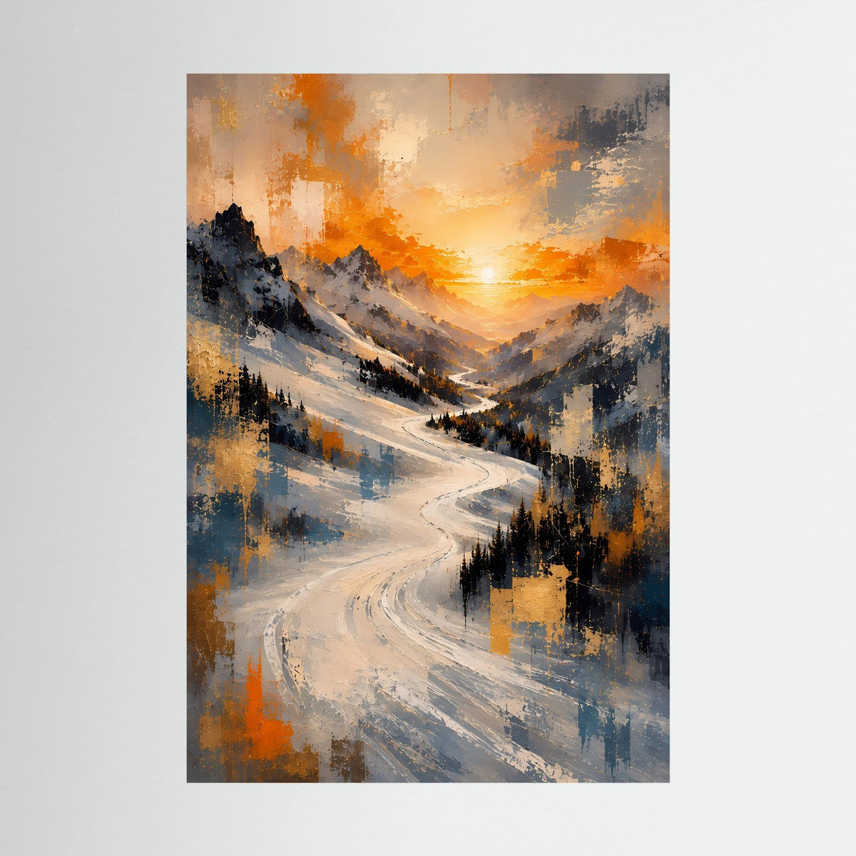 Poster (Hochformat) mit abstrakter verschneiter Bergwelt und warmem Sonnenuntergang