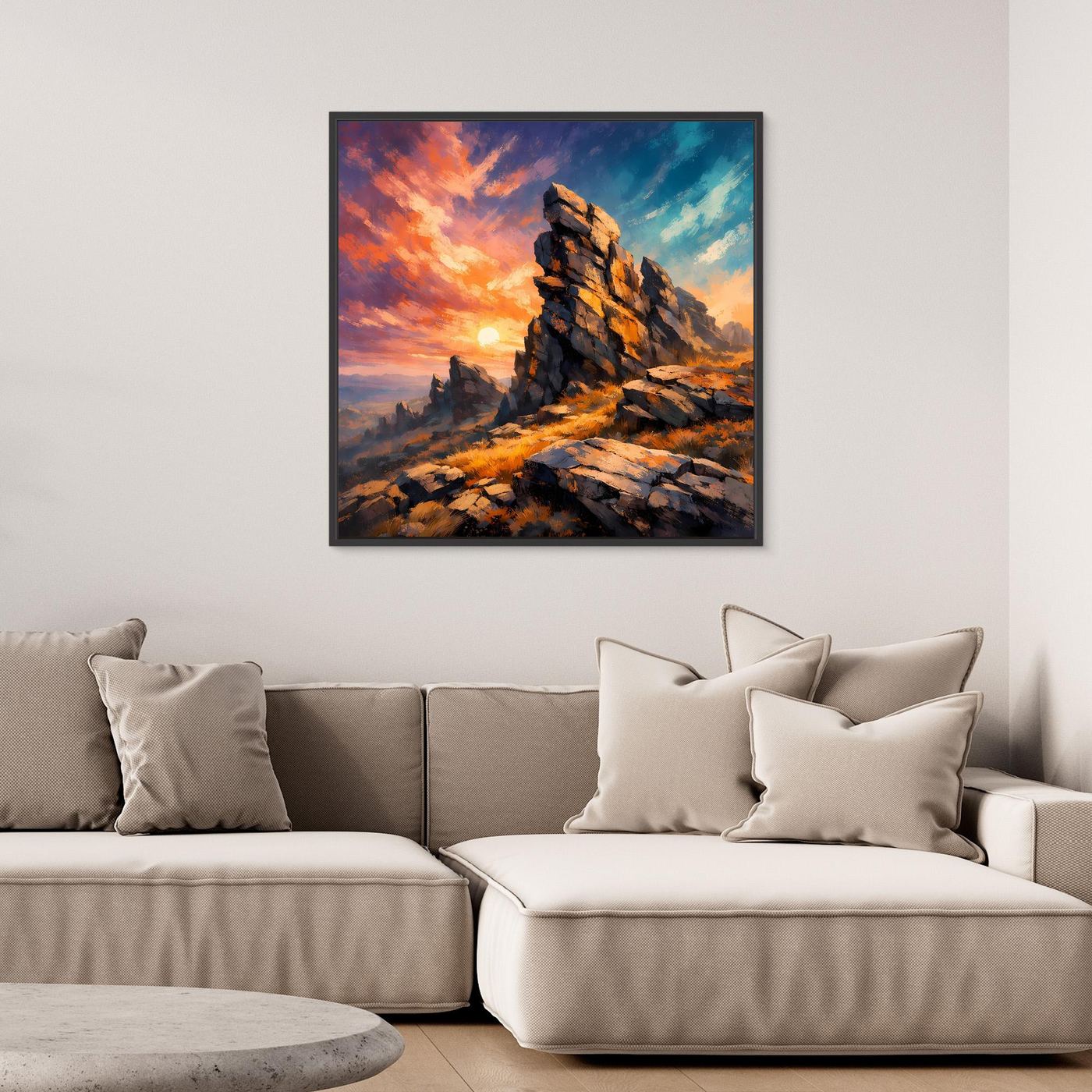 Premium Leinwand Monumentale Felsformation im Sonnenuntergang | Abstraktes Gebirge Wandbild
