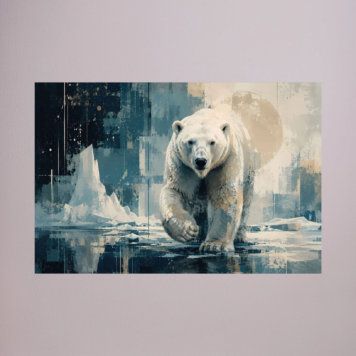 Poster mit weißem Eisbär im Blau-Beige-Abstraktbild, ohne Rahmen, querformatig
