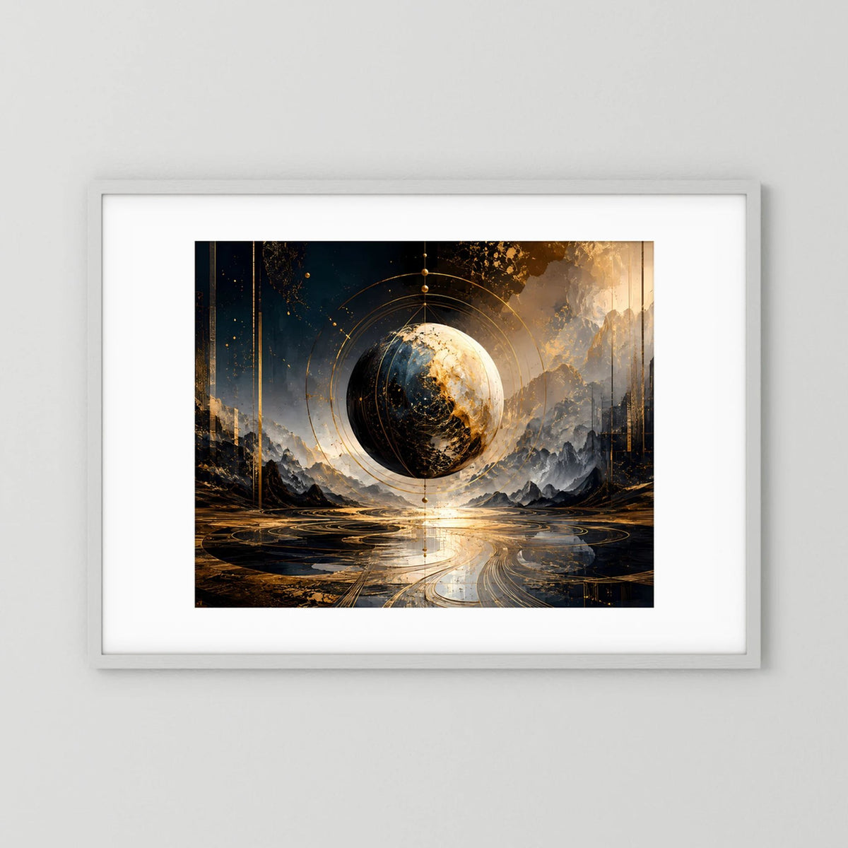 Gerahmtes Poster (weiß): abstrakte Weltkugel mit goldener Leuchte und dunkler Skyline