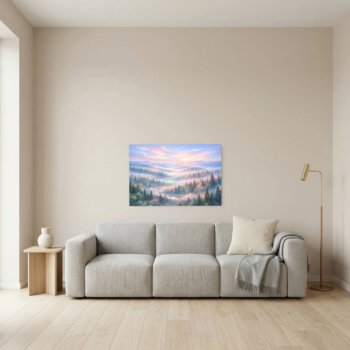 Wandbild im Querformat mit Waldpanorama im Morgennebel und pastellfarbenen Wolken