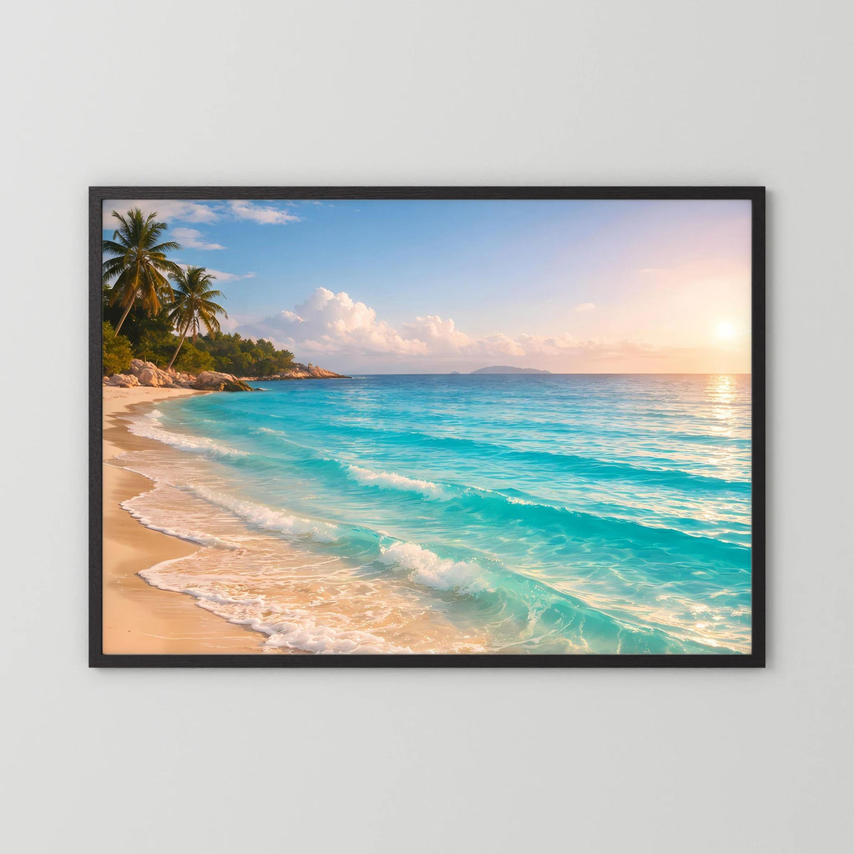 Gerahmtes Wandposter mit schwarzem Rahmen: Strand bei Sonnenaufgang mit Palmen und türkisfarbenen Wellen