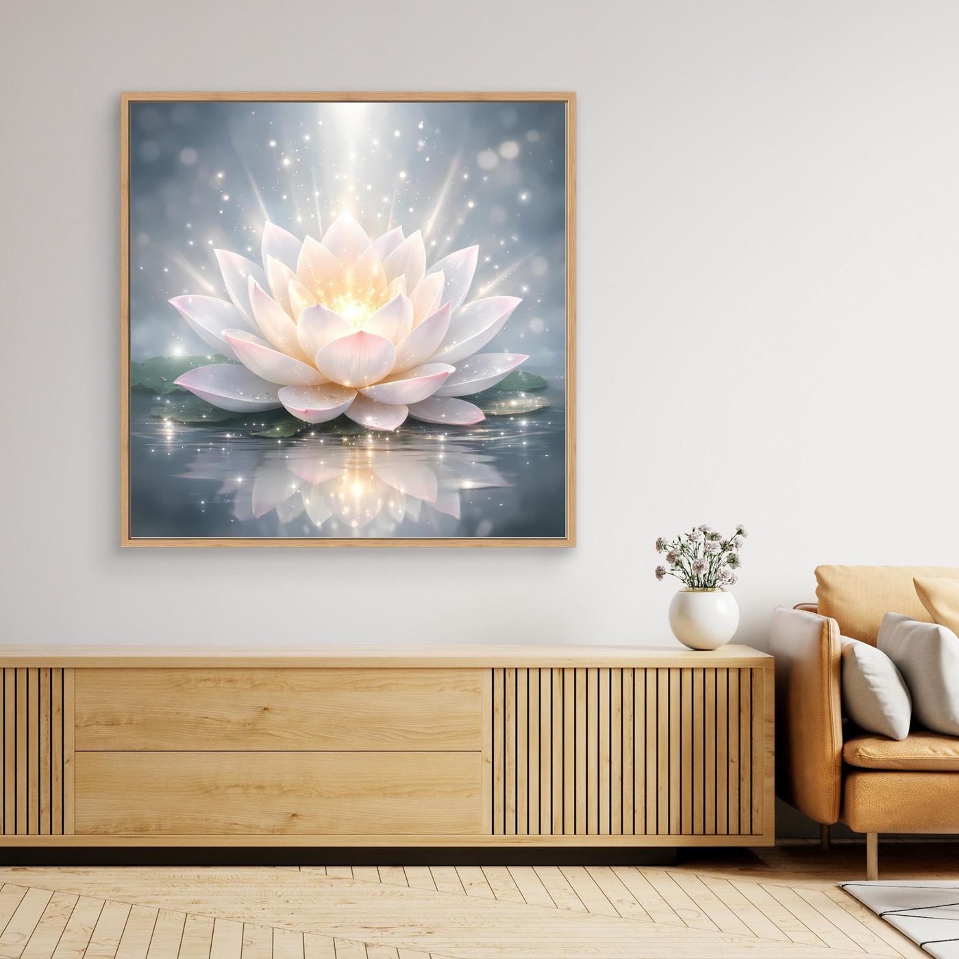 Leinwandbild mit leuchtender Lotusblüte im Eiche-Rahmen, goldener Lichtkranz im Zentrum