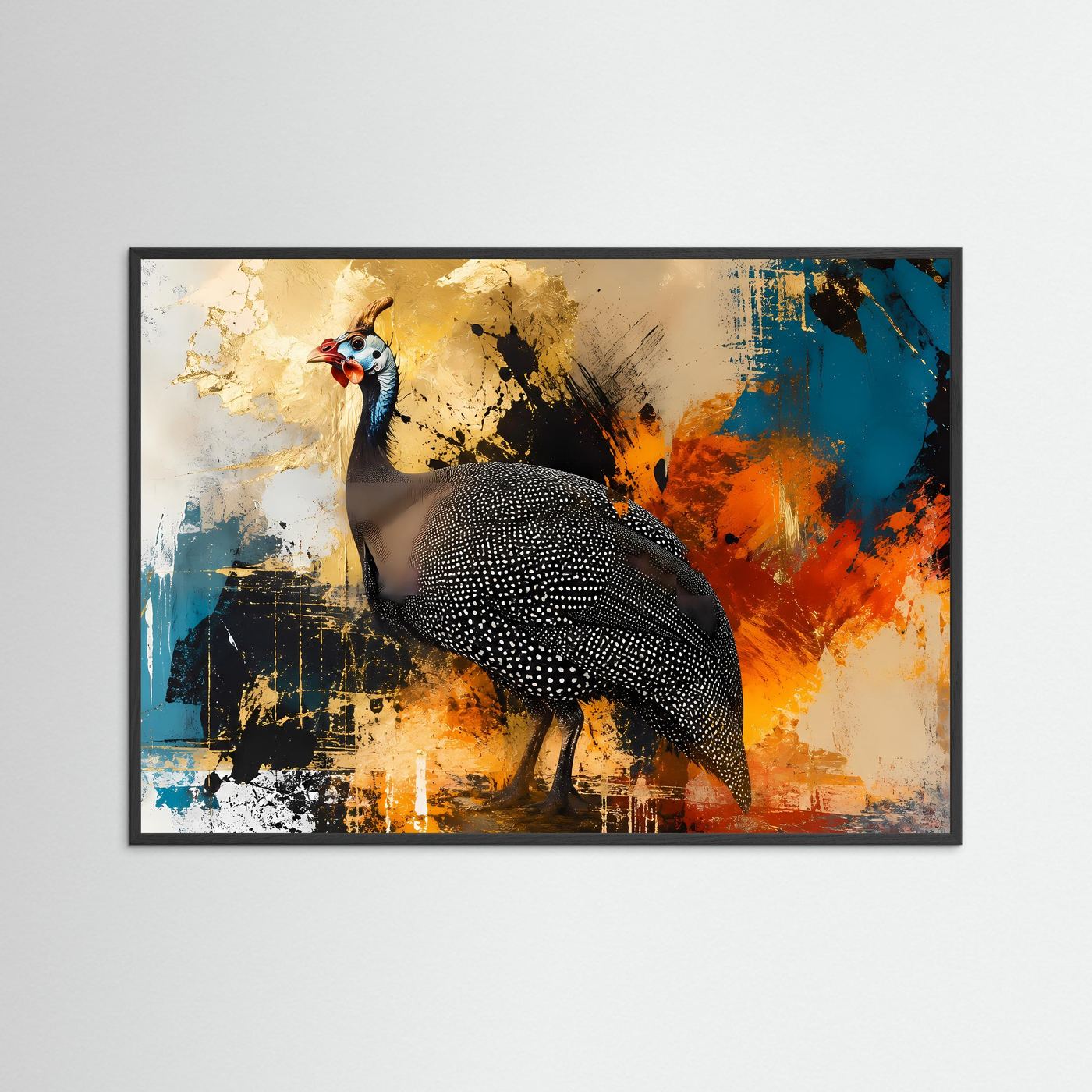 Exotisches Perlhuhn im abstrakten Farbspiel | Modernes Vogel- & Kunst-Poster Querformat