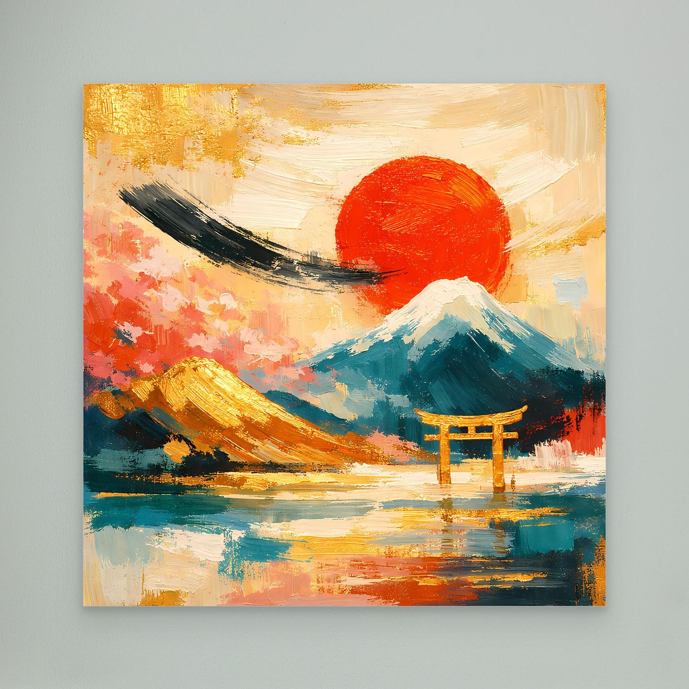 Leinwandbild mit Torii-Tor, Fuji und roter Sonne über spiegelndem Wasser, farbenfroh