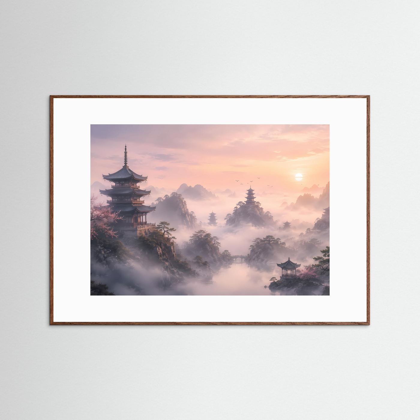 Querformat-Poster mit Pagodenlandschaft im Pastellrosa und Sonnenaufgang, naturbrauner Holzrahmen