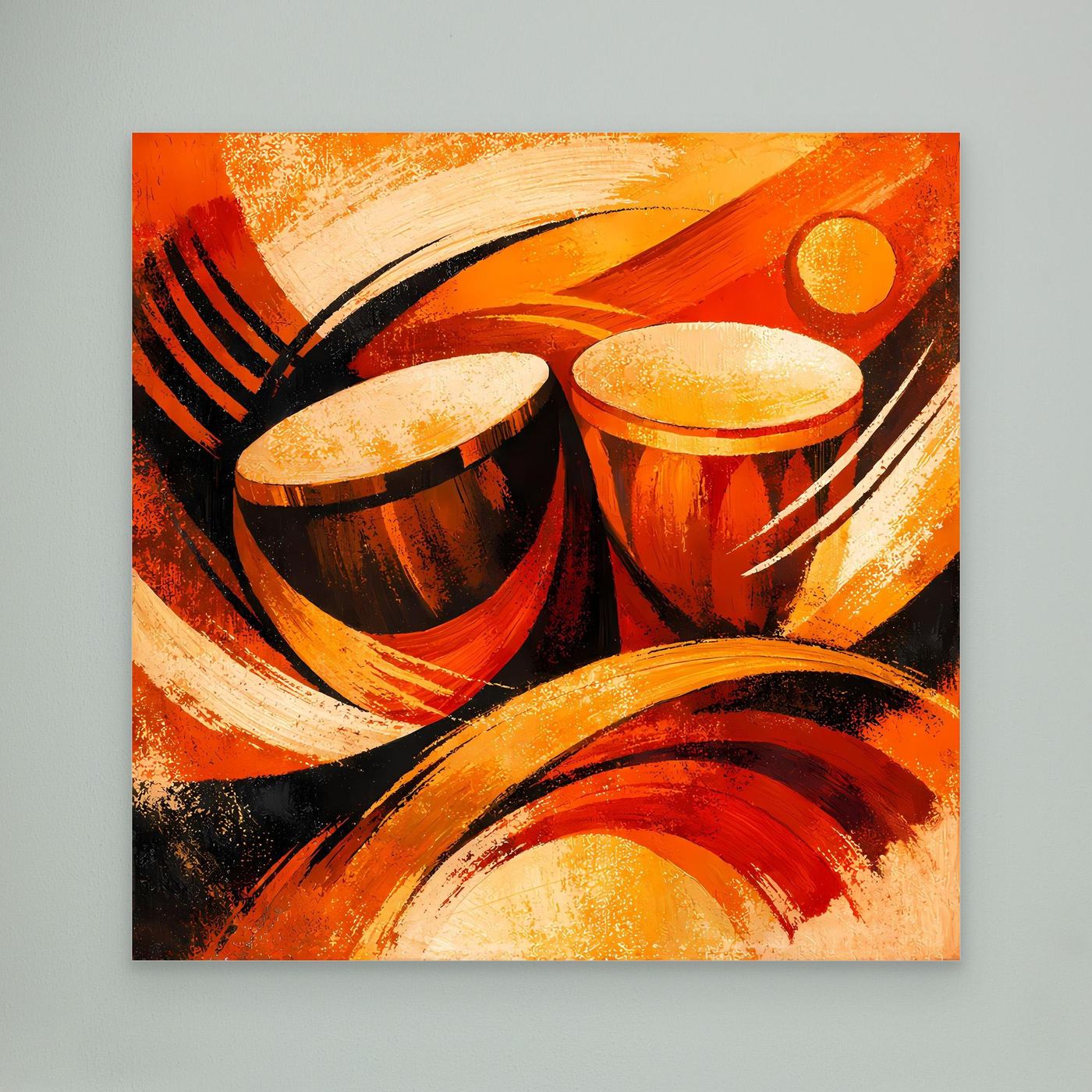 Leinwandbild ohne Rahmen, abstrakte Trommeln mit warmem Orange- und Schwarzmuster