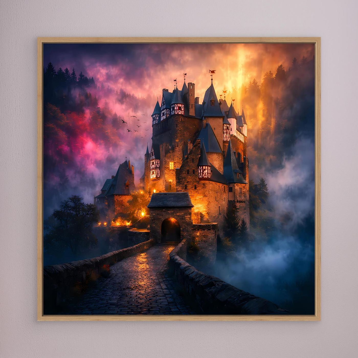 Leinwand Mystische Ritterburg im Nebel | Abstraktes Märchenschloss Wandbild
