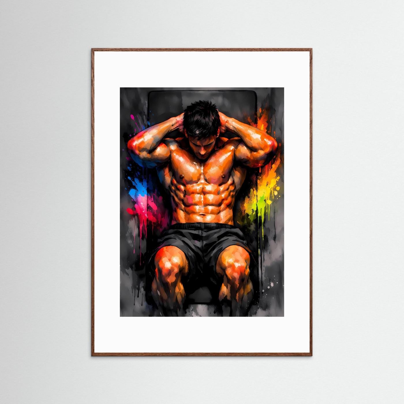 Die Kraft der Mitte | Sit-Ups Fitness Poster in dynamischen Neonfarben | Abstraktes Kunstposter Hochformat