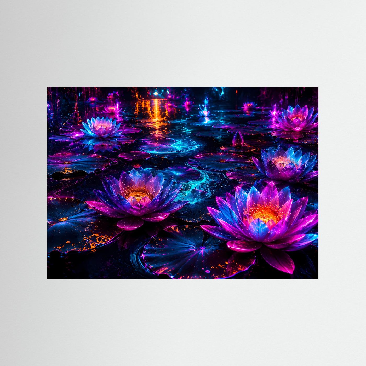 Lotusblüten Neon Poster Querformat | Leuchtende Seerosen Fantasy Wandkunst | Abstrakte Moderne Kunst