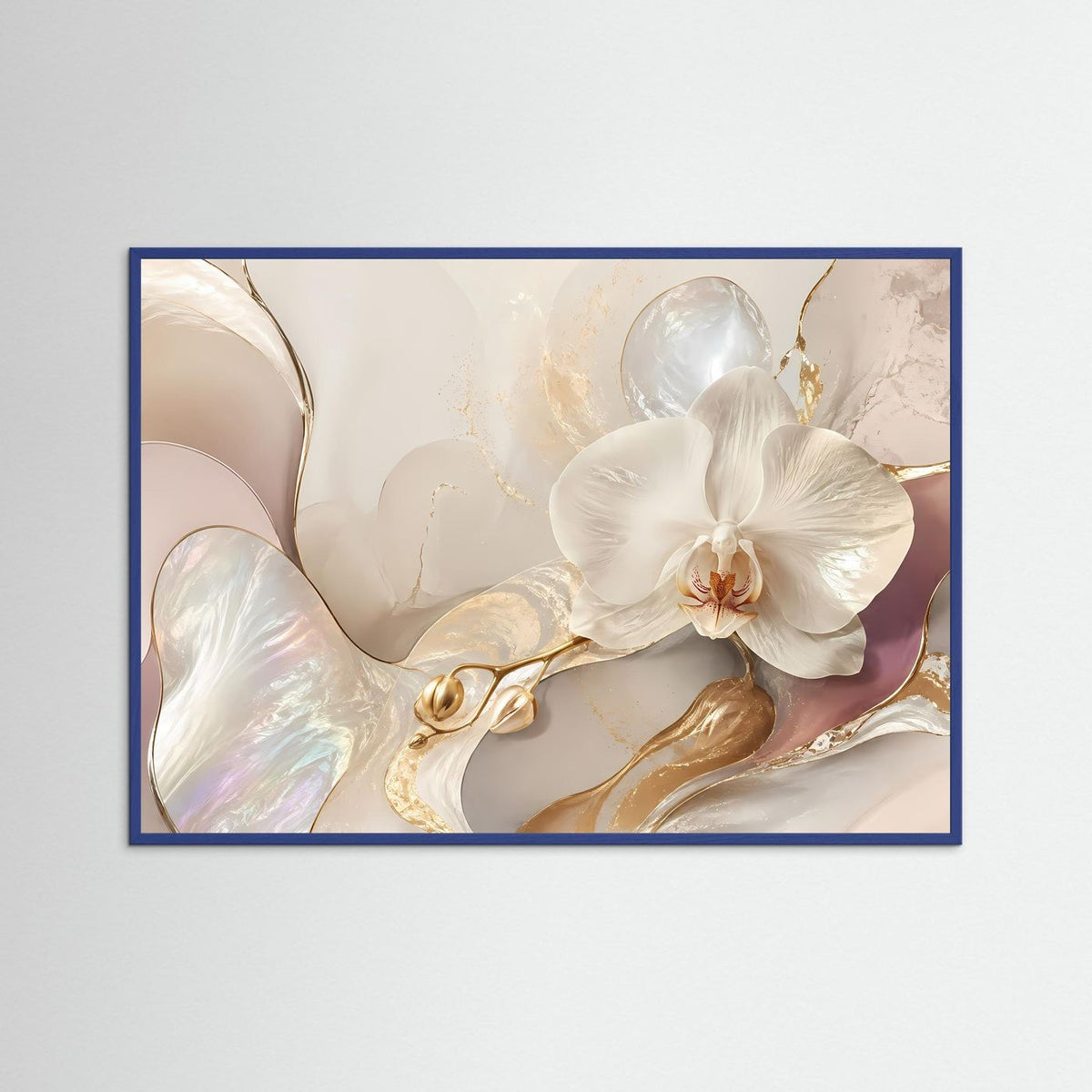 Orchideen-Poster im Querformat mit weißer Orchidee in blauem Rahmen