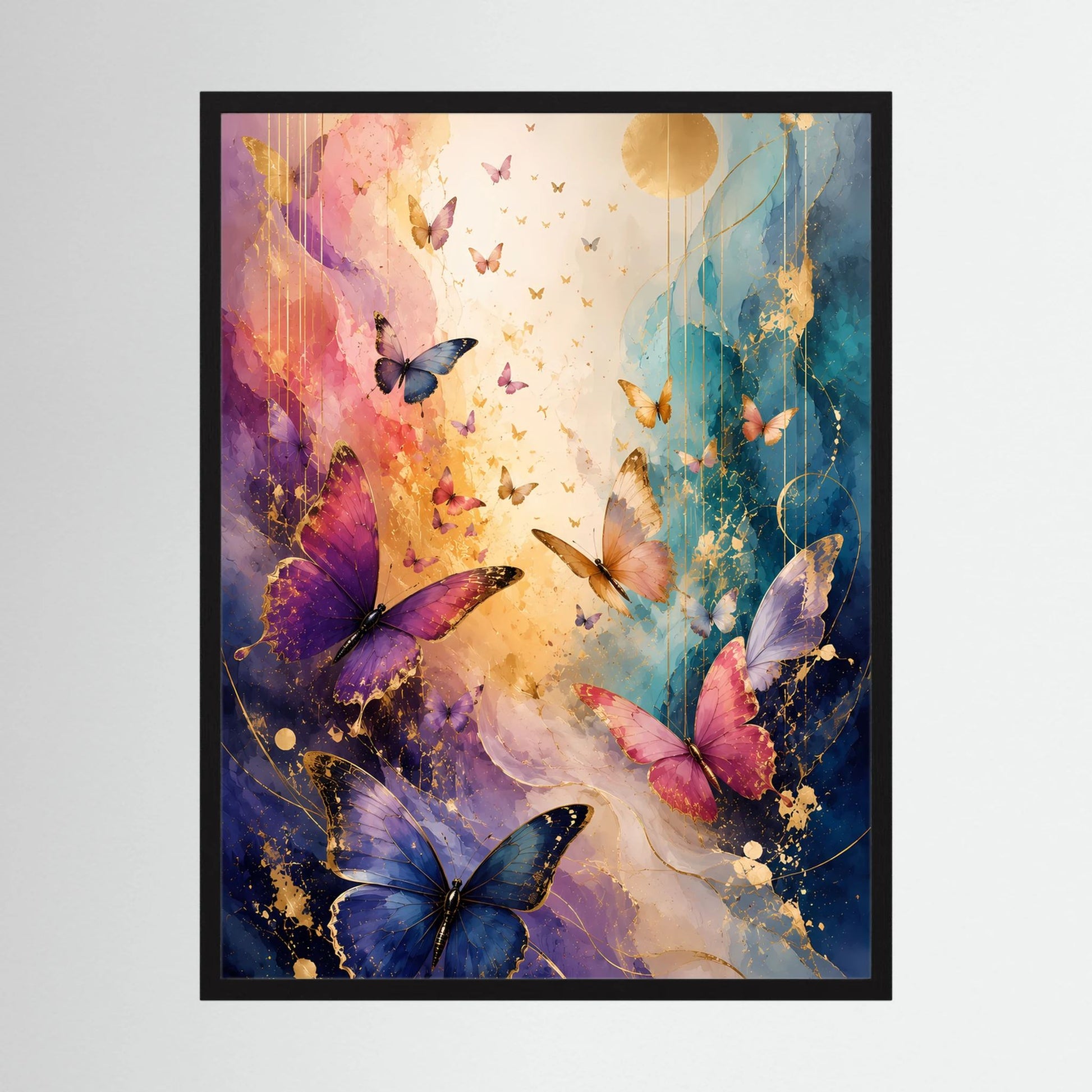 Gerahmtes Hochformat-Poster mit bunten Schmetterlingen in Blau, Rosa und Goldtönen.