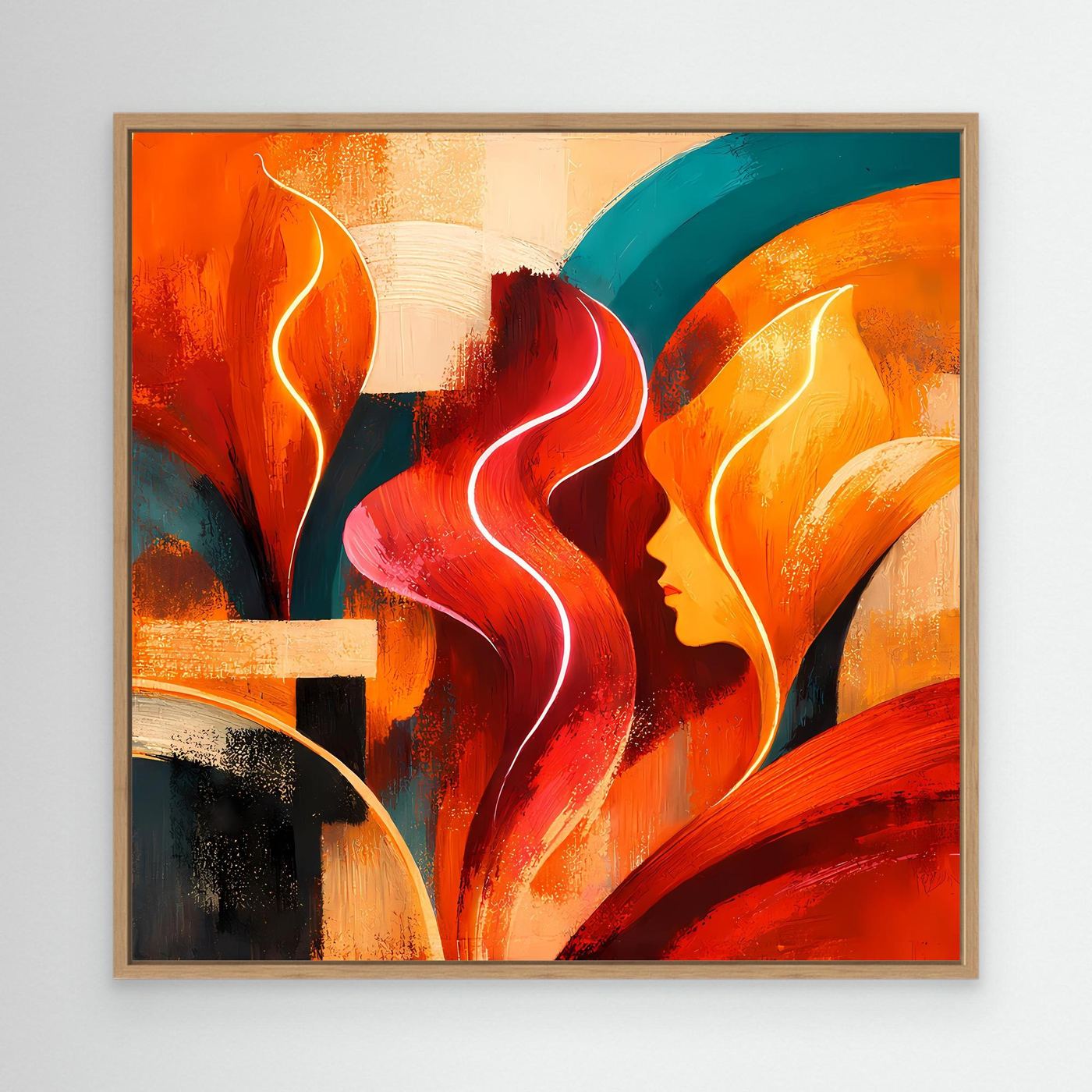 Abstraktes Leinwandbild mit bunten Skyline-Formen, gerahmt in hellem Holz
