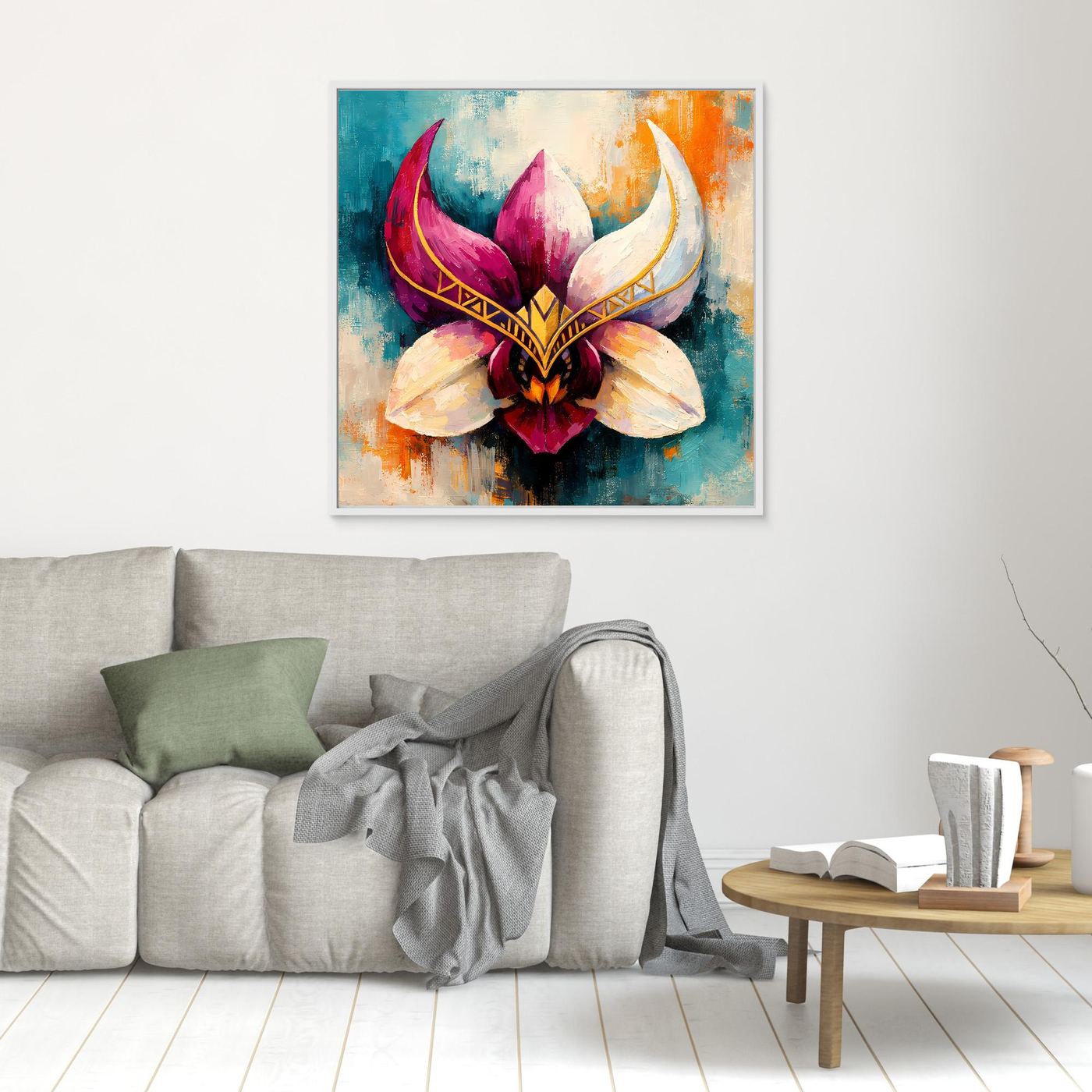 Premium Leinwand Mystische Orchideen-Maske in Gold | Abstraktes Florales Wandbild im Fantasy-Stil