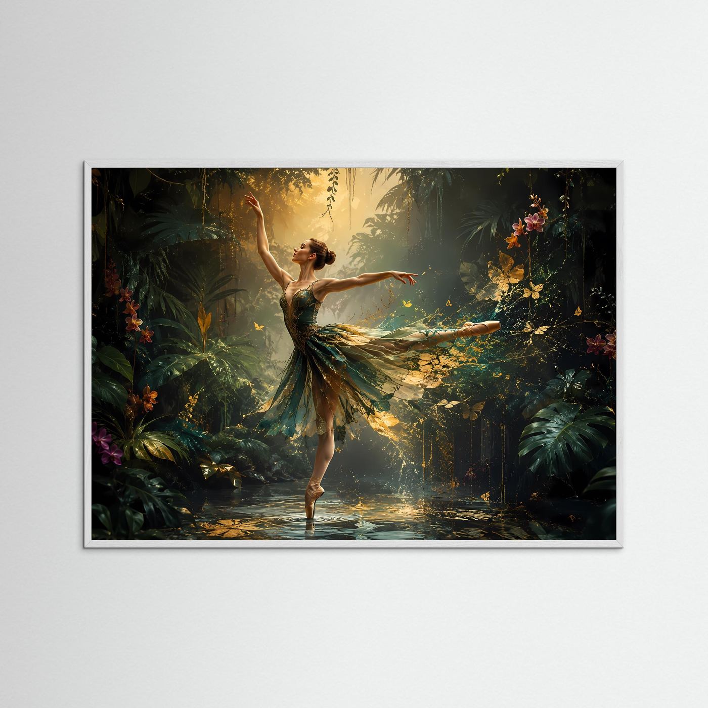 Ballerina im Dschungel mit Goldakzenten | Elegante Tanzkunst in Grün & Gold