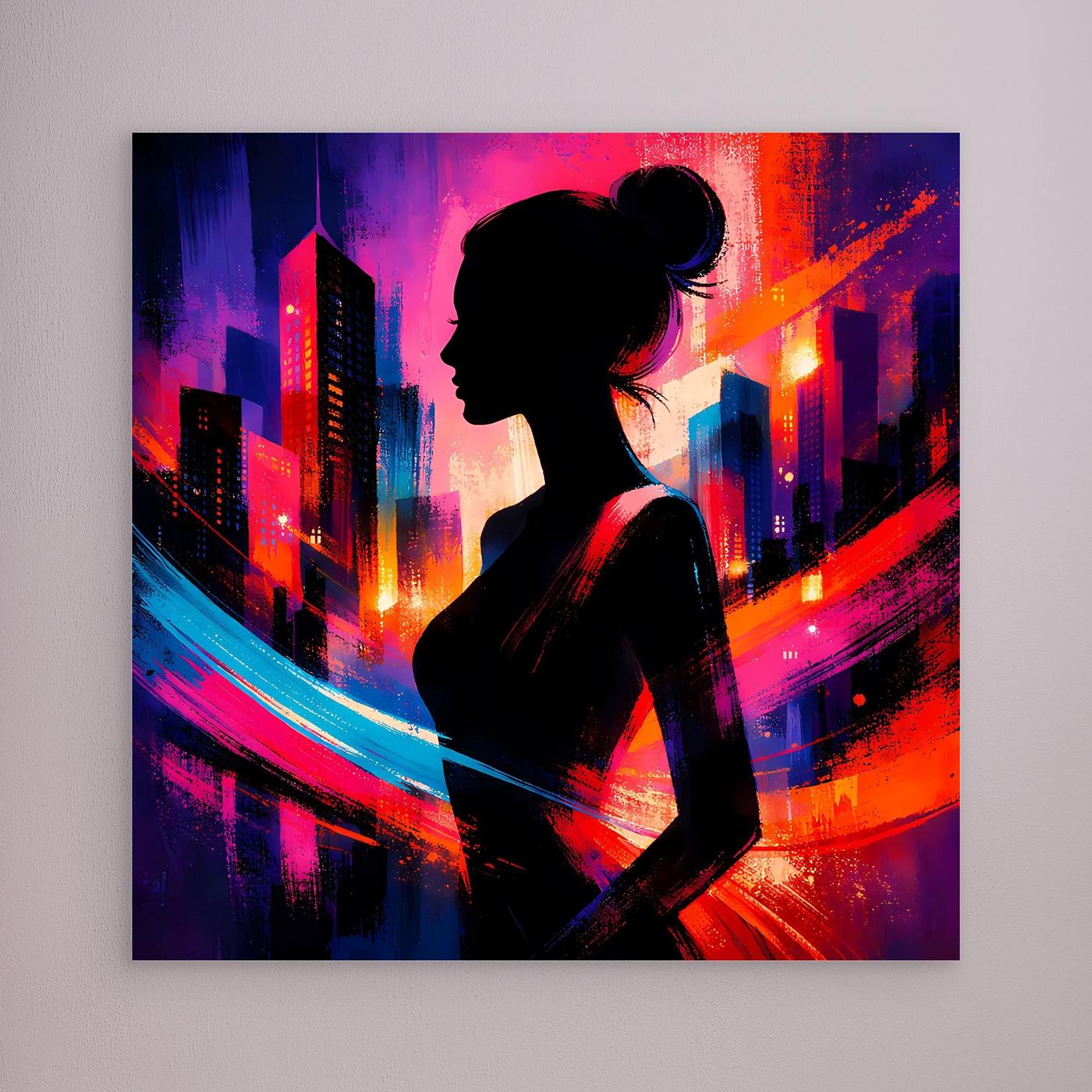 Leinwandbild mit Silhouette einer Frau und Neon-Stadt-Skyline, ohne sichtbaren Rahmen