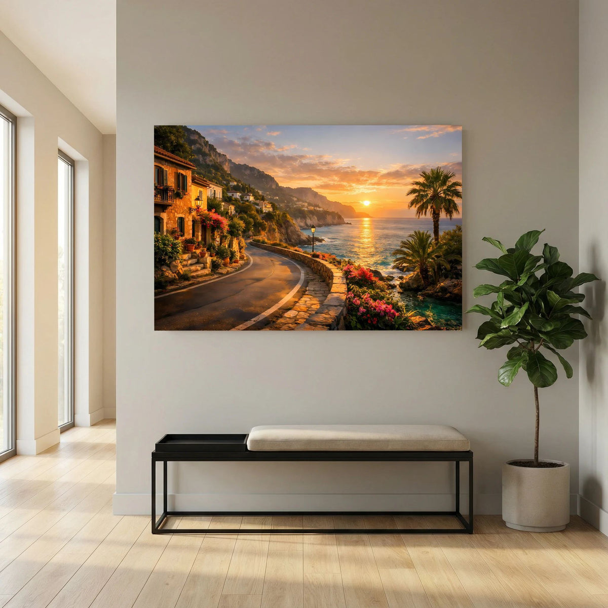 Wandbild im Querformat mit Küstenstraße am Wasser bei Sonnenuntergang
