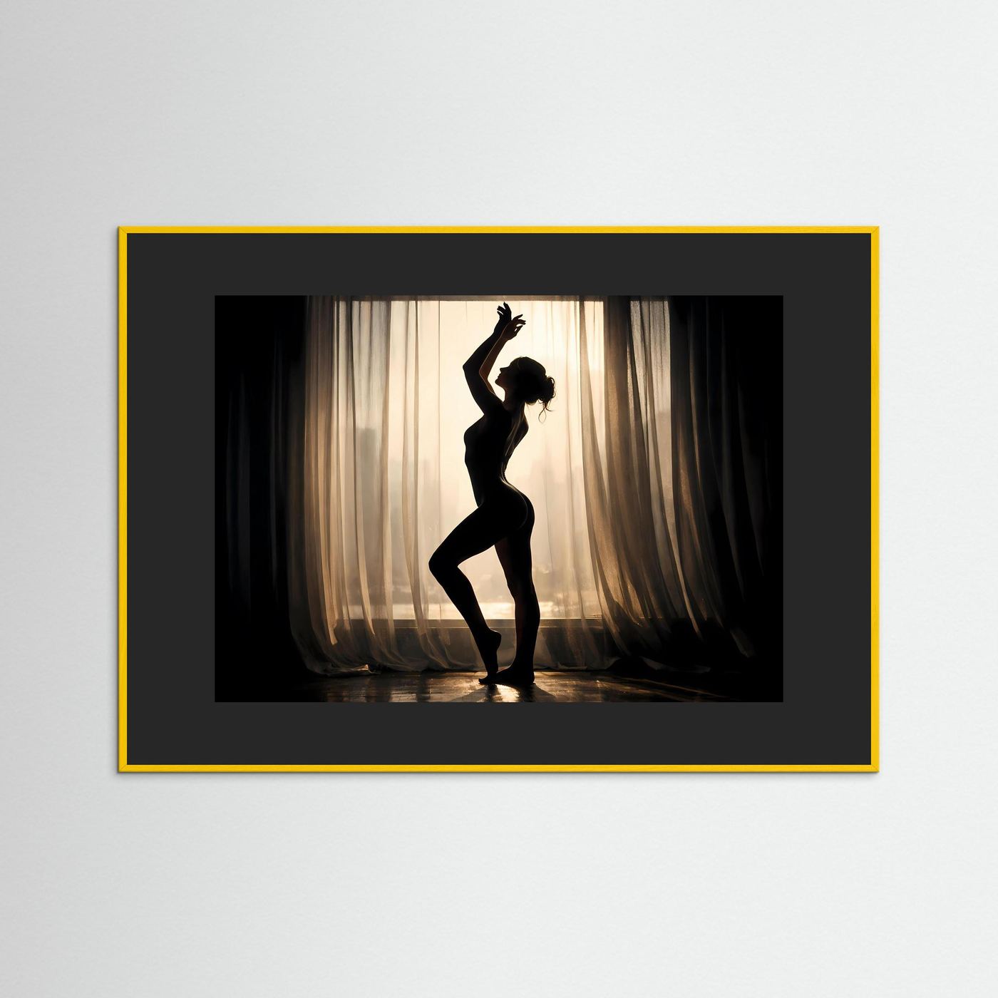 Wandbild, Silhouetten-Figur im Gegenlicht, gelber Rahmen
