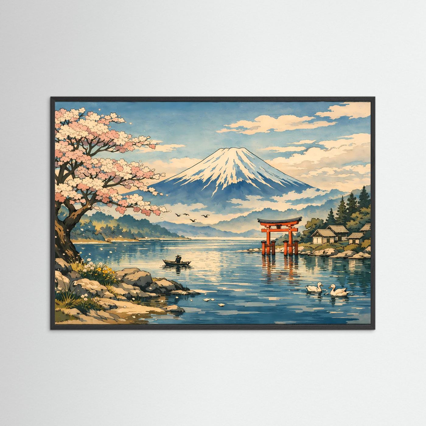 Wandbild-Poster: Mount Fuji über See mit Kirschblütenbaum und Torii, schwarze Umrandung