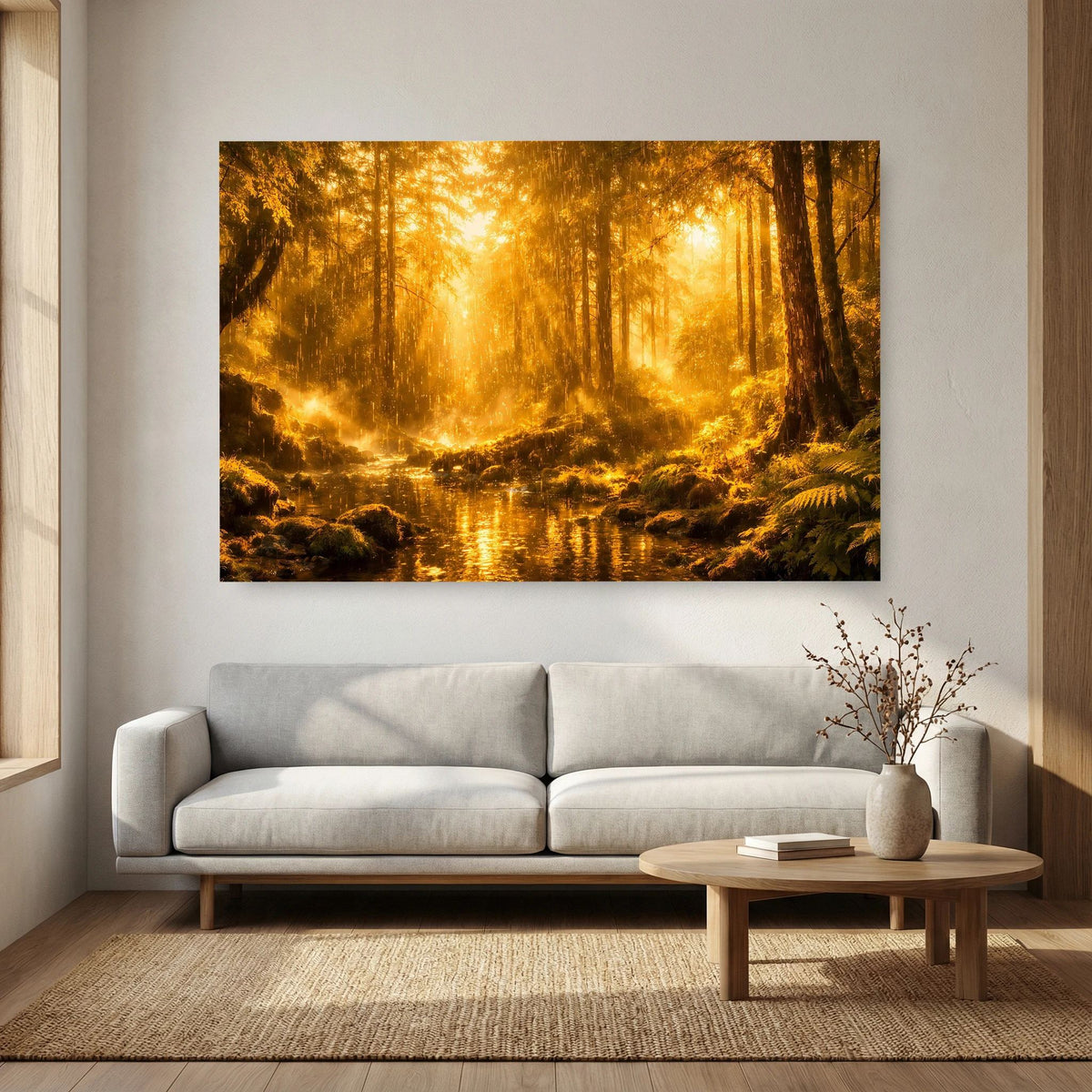 Wandbild mit goldenen Bäumen und Flusslauf über Sitzbank