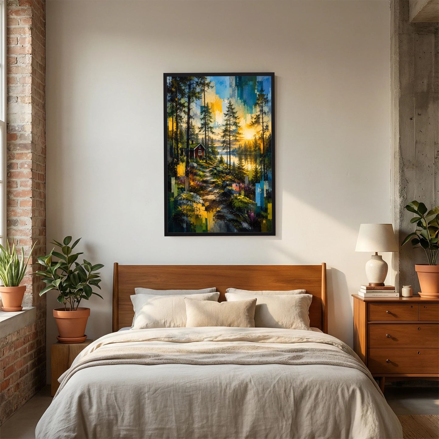 Poster im Hochformat mit Waldlandschaft und kleinem roten Haus am See, schwarz gerahmt