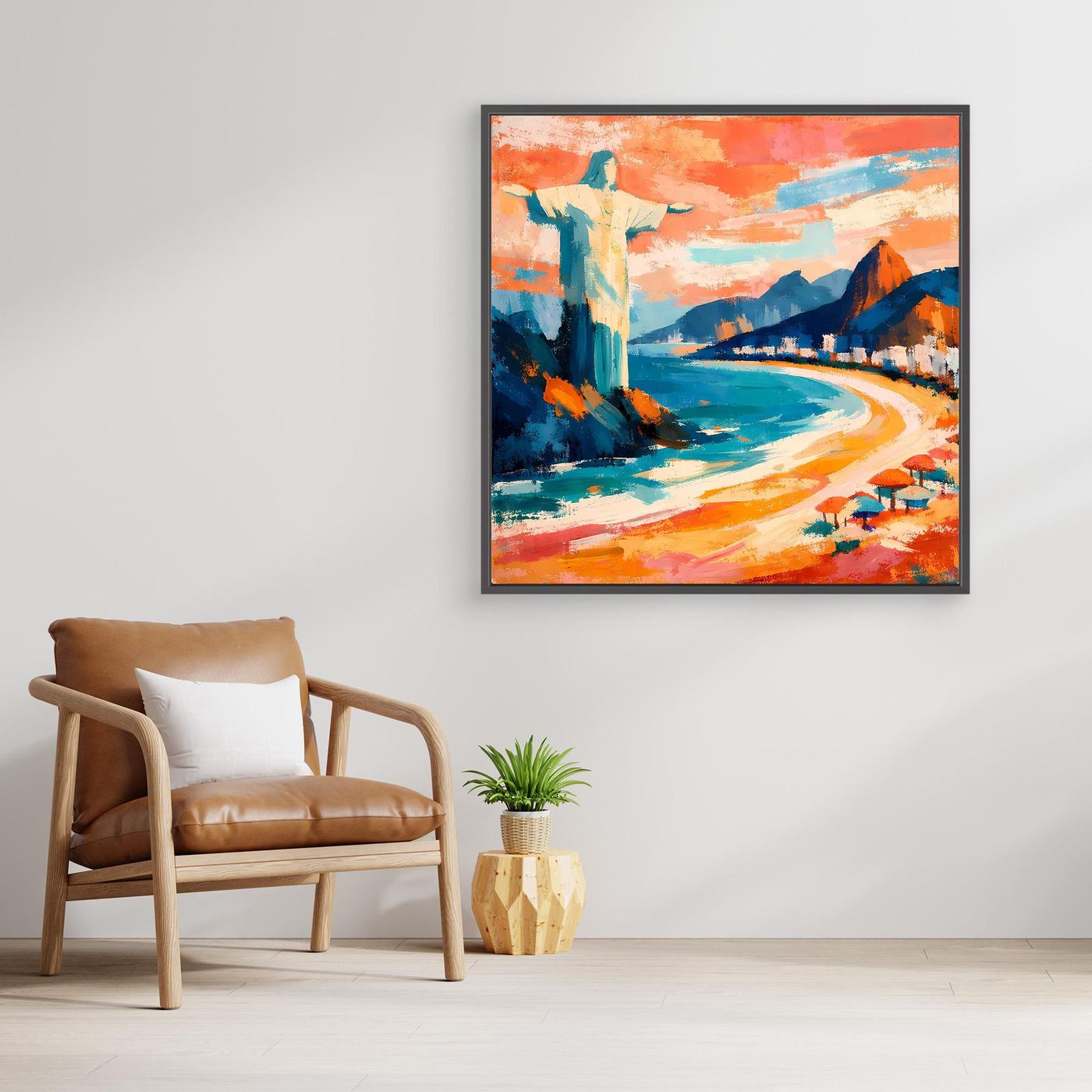 Abstraktes Leinwand-Wandbild mit schwarzem Rahmen, Strandweg am Wasser mit kräftigen Farbflecken