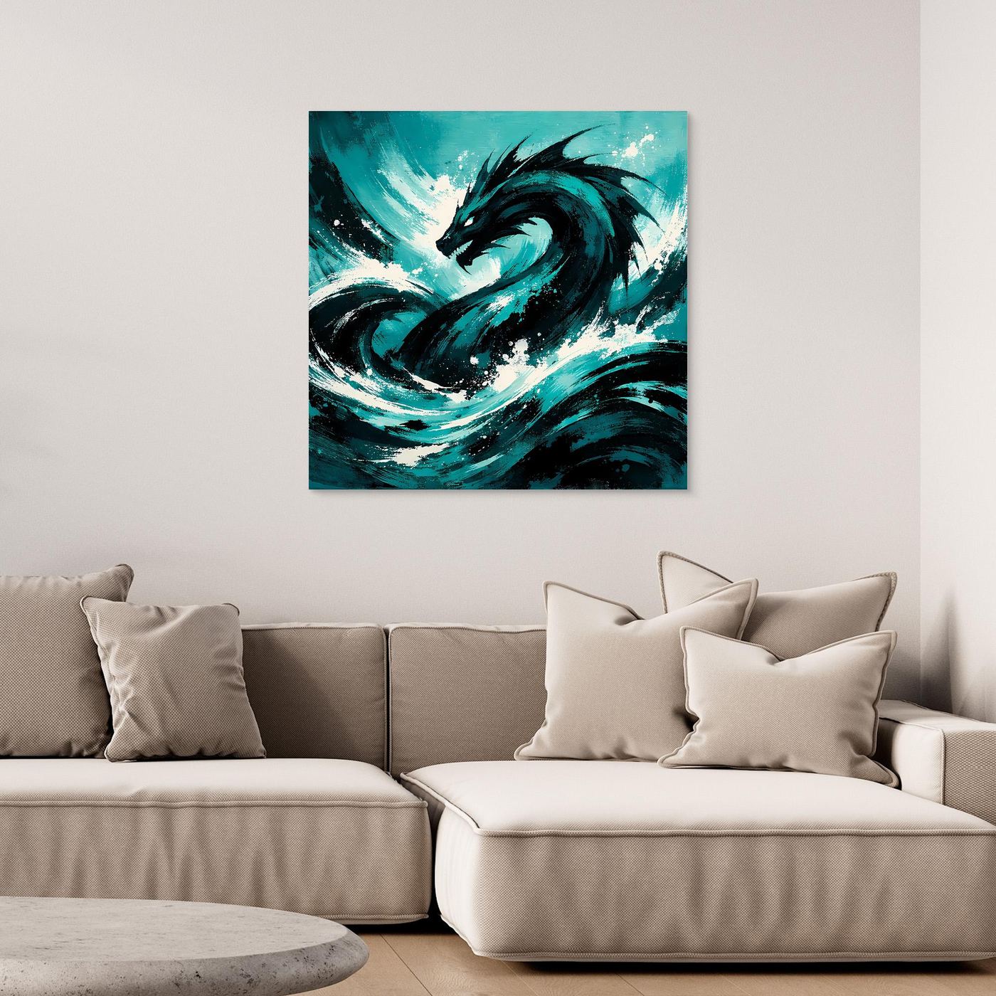 Quadratisches Leinwand-Wandbild ohne Rahmen mit teal-schwarzem Seemonster-Motiv