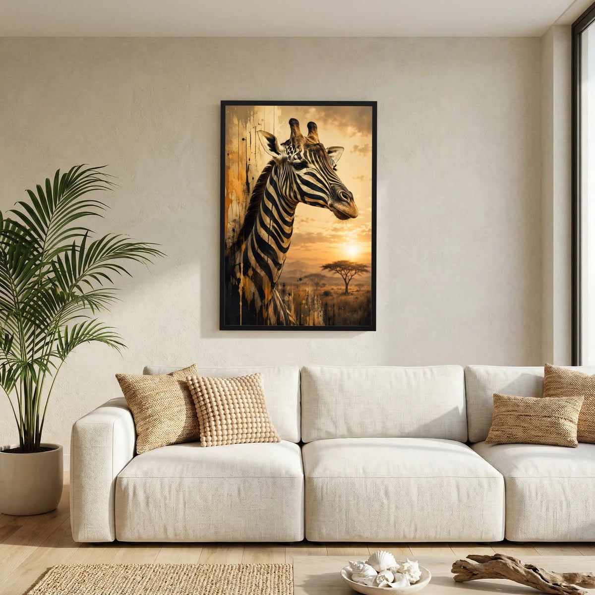 Tierposter im Hochformat: Giraffe im Zebra-Look, im schwarzen Holzrahmen