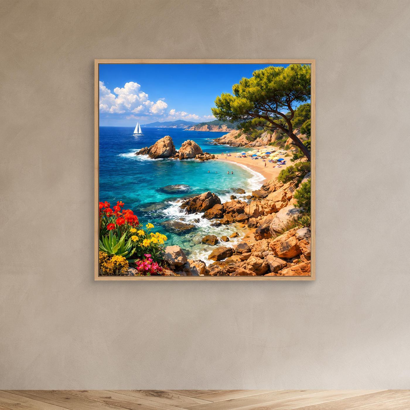 Leinwand-Wandbild mit mediterraner Küste im Eichenrahmen, türkisfarbenes Meer und Strand