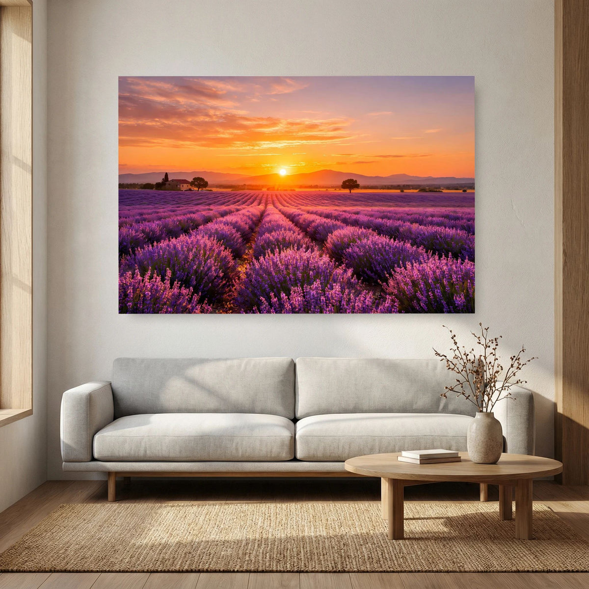 Wandbild im Querformat mit Lavendelfeldweg und strahlender Sonne zur Dämmerung