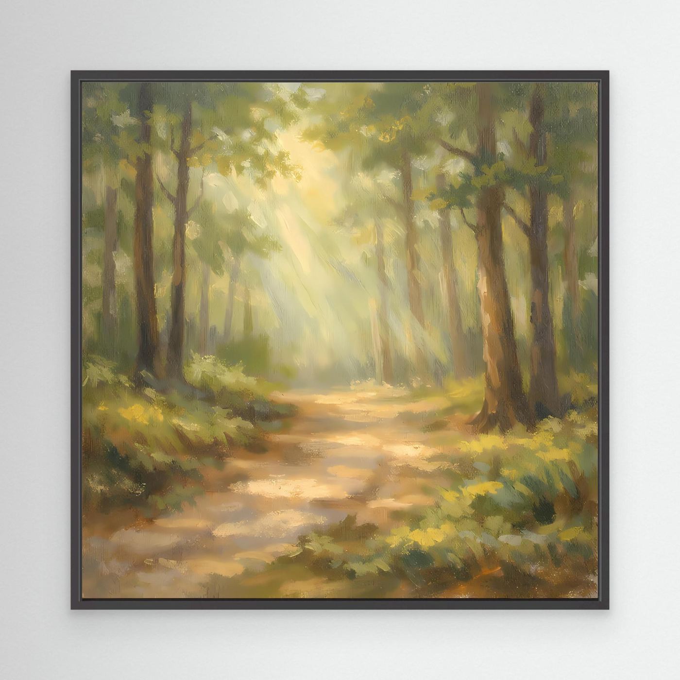 Leinwandbild Waldweg mit Sonnenstrahlen, schwarzer Rahmen