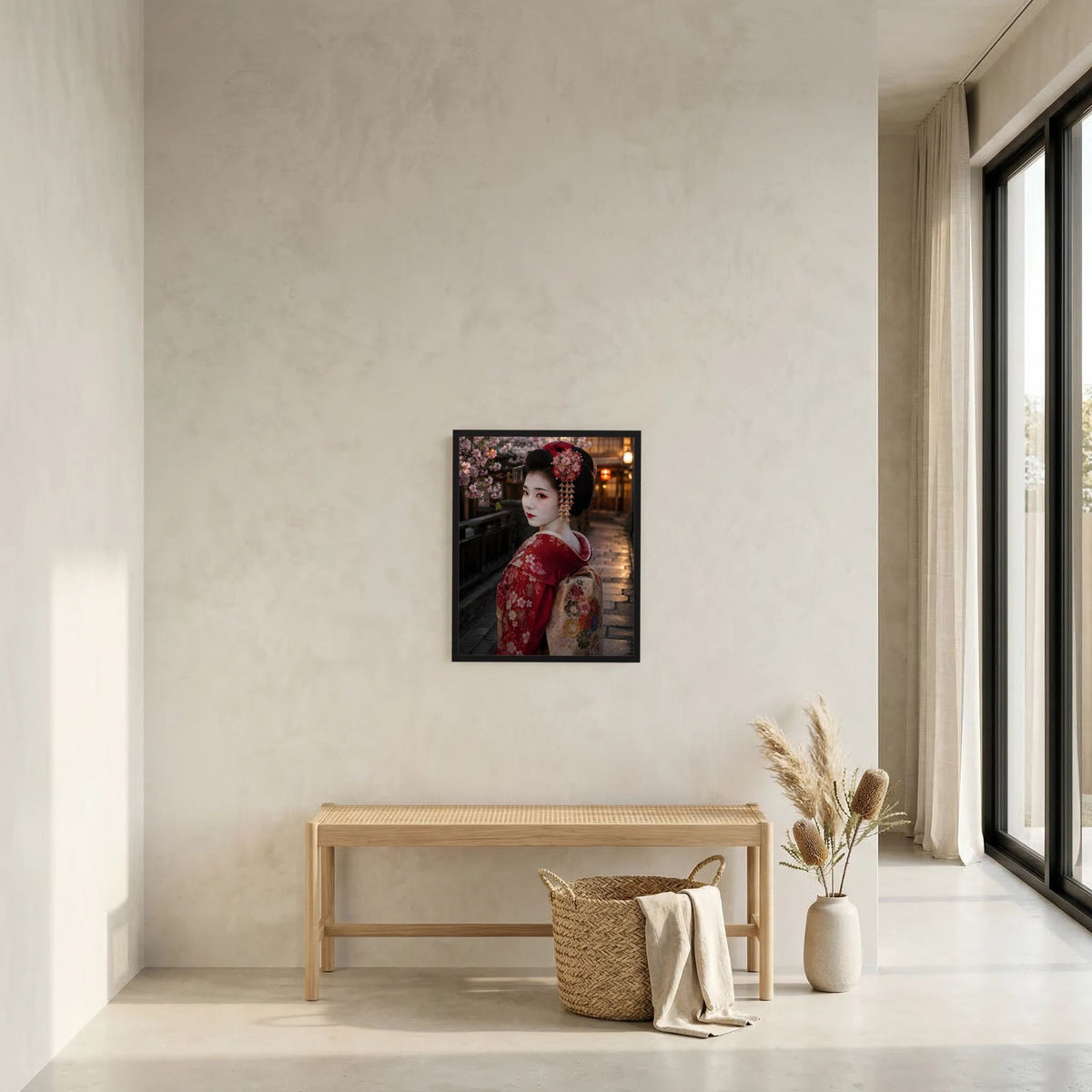 Hochformatiges Wandposter mit Geisha im roten Kimono vor Kirschblüten