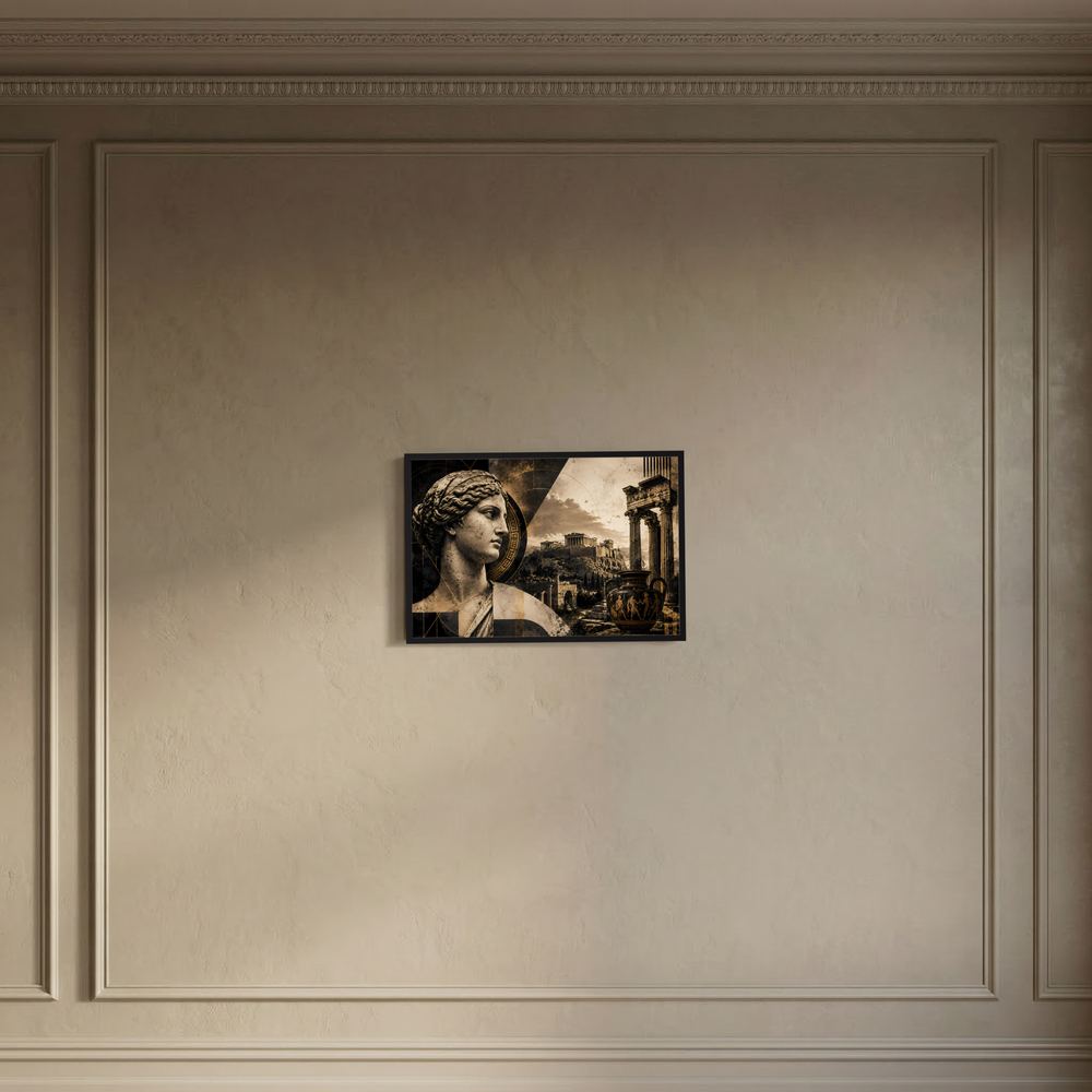 Wandbild mit Antik-Statue im Schwarz-Gold-Look, schwarzer Rahmen