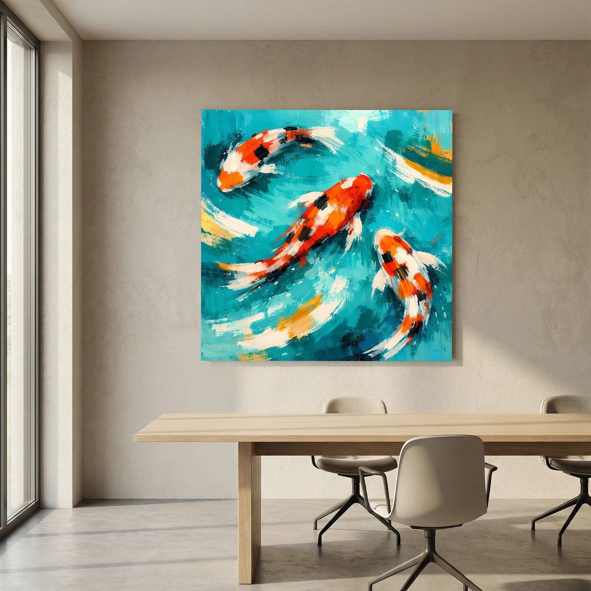 Keilrahmenbild mit drei Koi-Fischen, orange-weiße Muster, auf türkisfarbener Wasserfläche