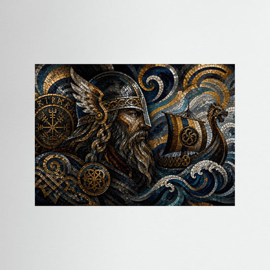 Wikinger-Poster im Querformat mit behelmtem Krieger, Runen und Langboot, dunkelblau/gold