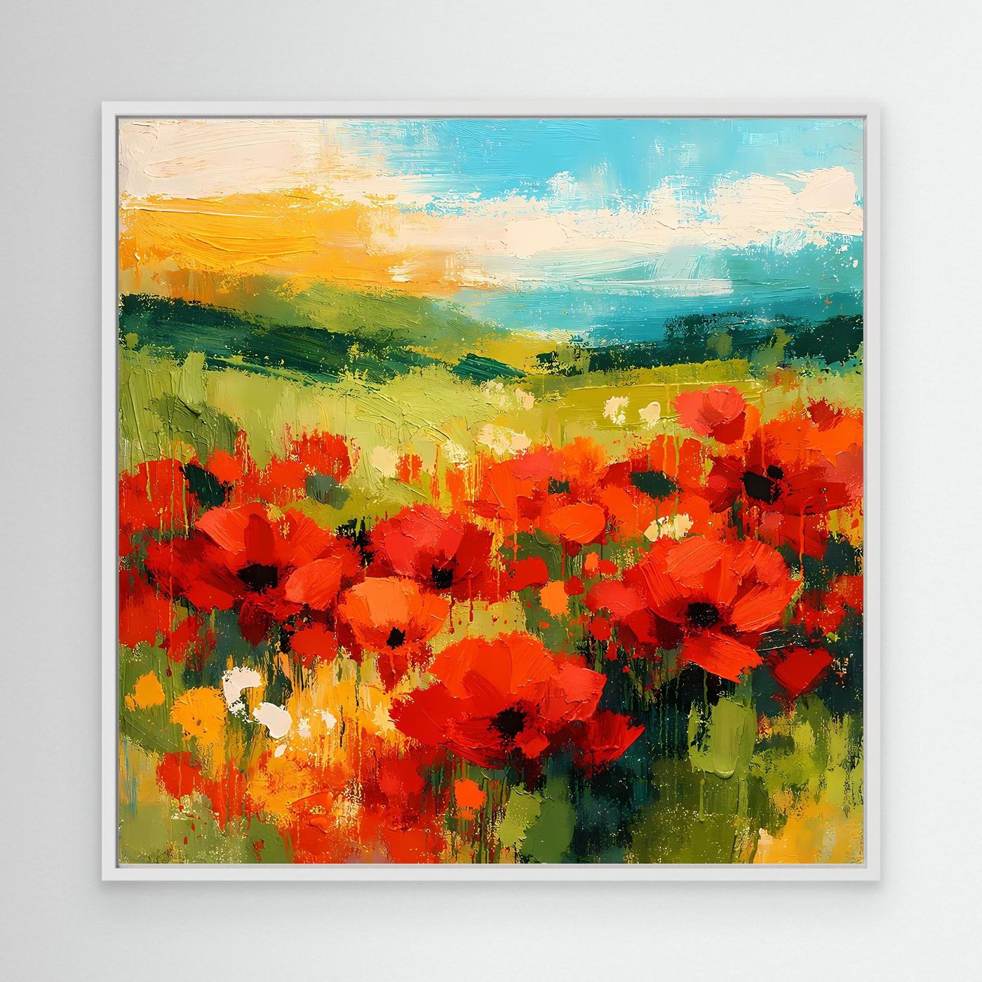 Abstract canvas wall art of a bright red poppy field with green and blue horizon, white frame