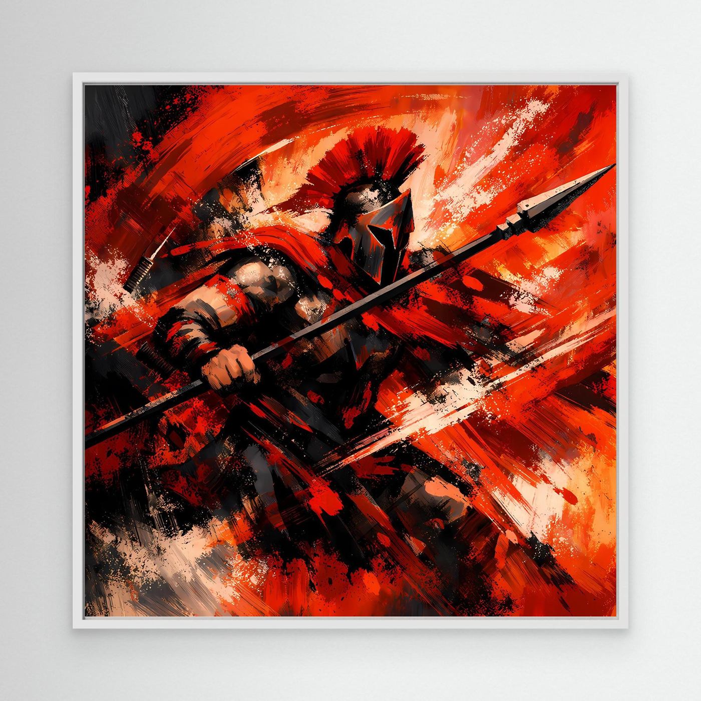 Wandbild mit abstraktem Krieger, rote und schwarze Pinselstriche, weißer Rahmen