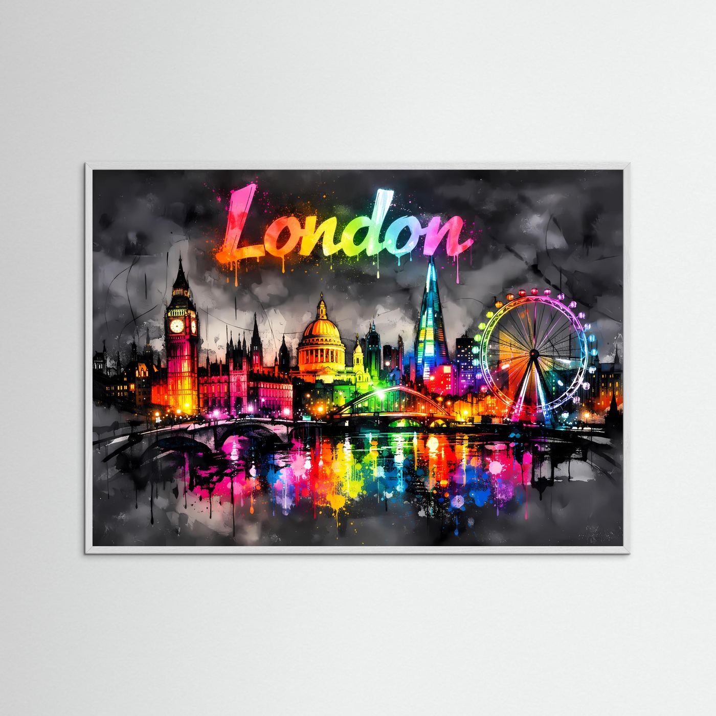 Neon-Splash-Poster mit London-Skyline und Schriftzug, querformat, weißer Holzrahmen