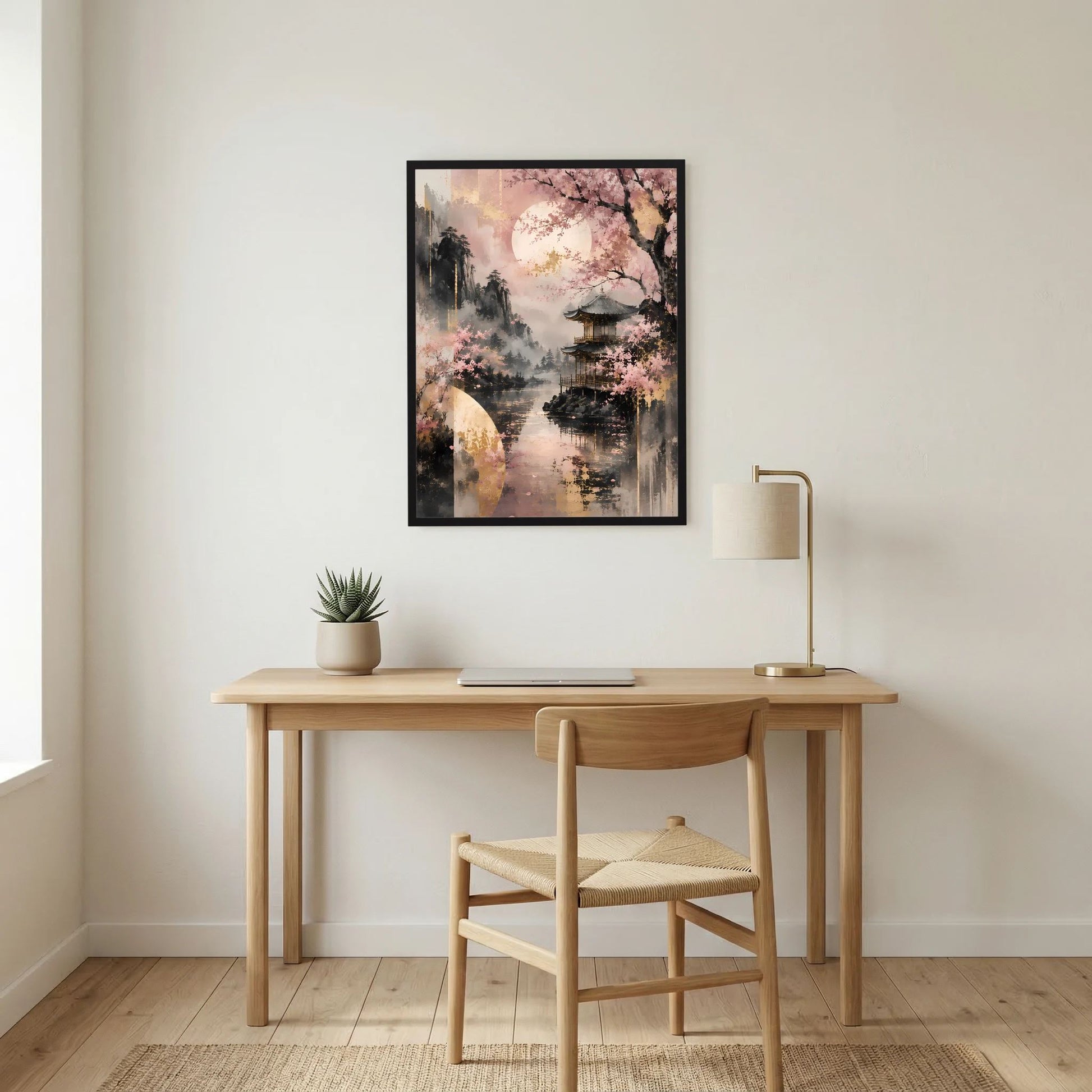 Hochformatposter mit Kirschblüten über Wasserlandschaft und Tempel, Rosa und Gold, schwarzer Rahmen