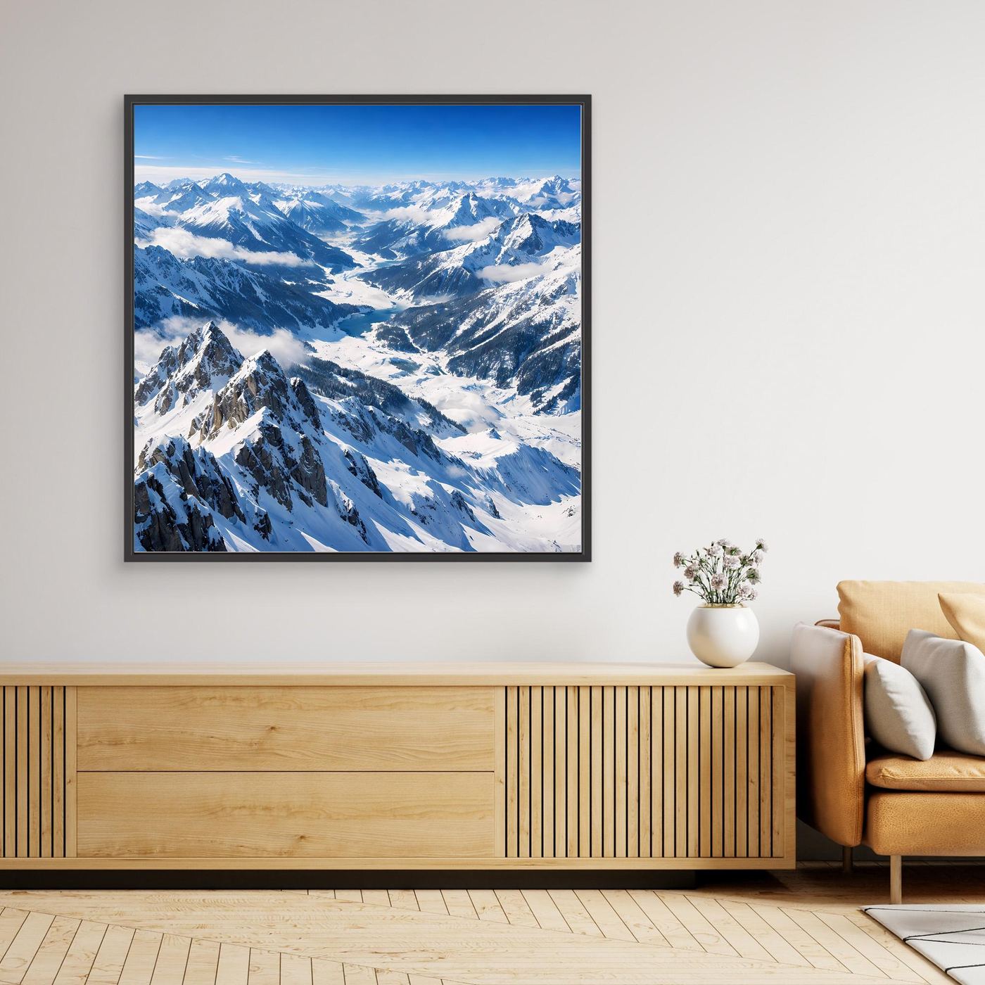 Leinwandbild-Panorama mit schneebedeckten Alpen, schwarz gerahmt