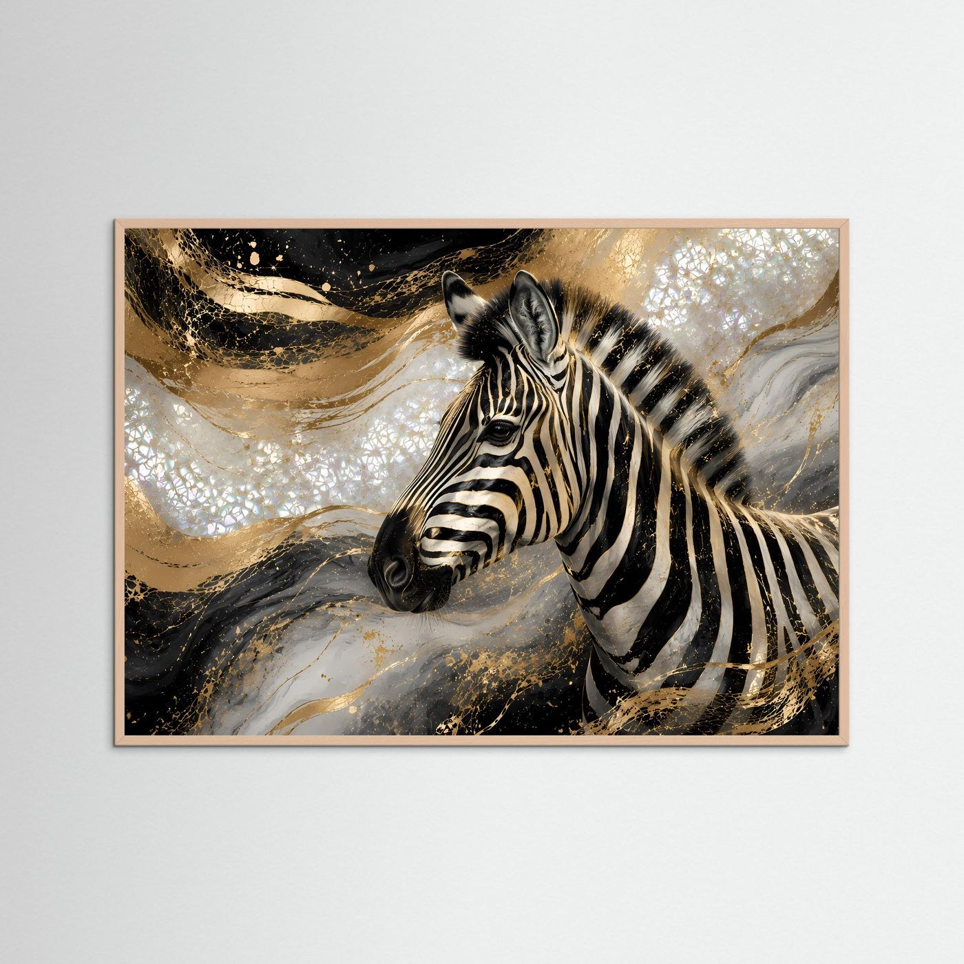 Querformat-Poster mit Zebra-Motiv in Schwarz, Weiß und Gold im roséfarbenen Holzrahmen