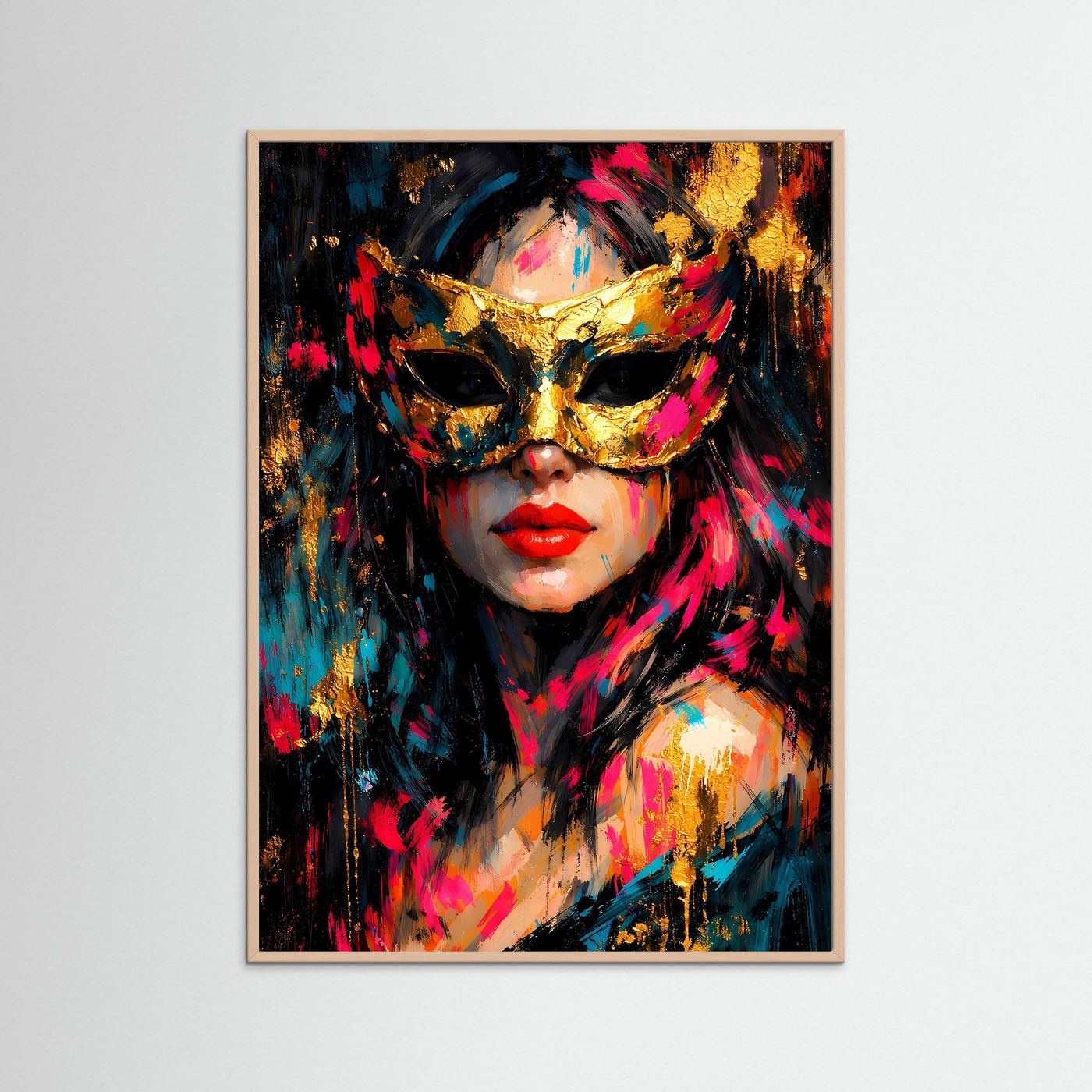Abstraktes Kunstposter im dunklen Holzrahmen: venezianische Maske, goldene Akzente, pinke Flecken, roter Mund