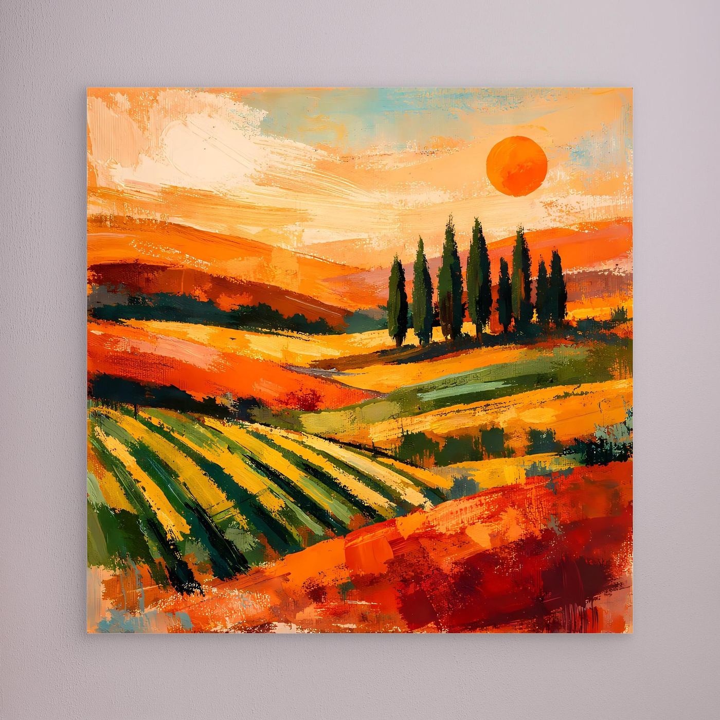 Leinwand-Wandbild Toskanische Hügellandschaft mit orangefarbener Sonne und Zypressen