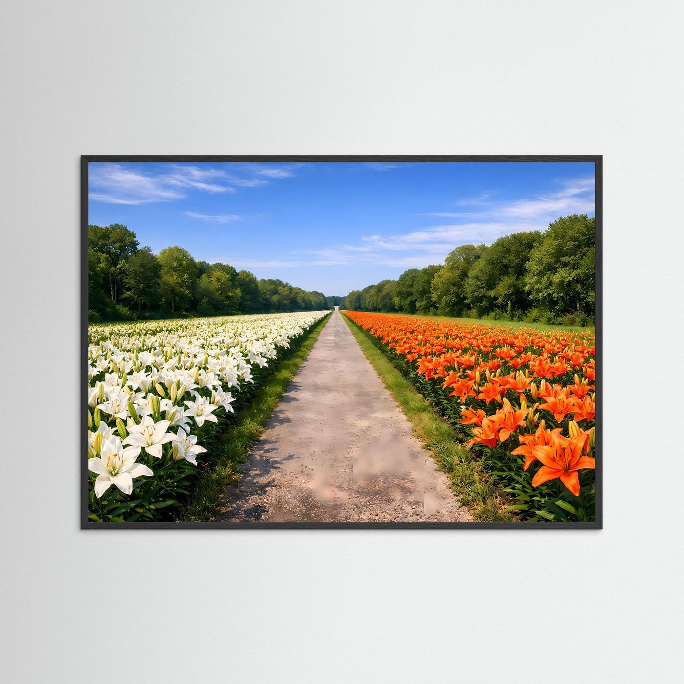 Prachtvolles Lilienfeld mit Allee-Weg | Weiße & Orange Blüten Natur Poster Querformat