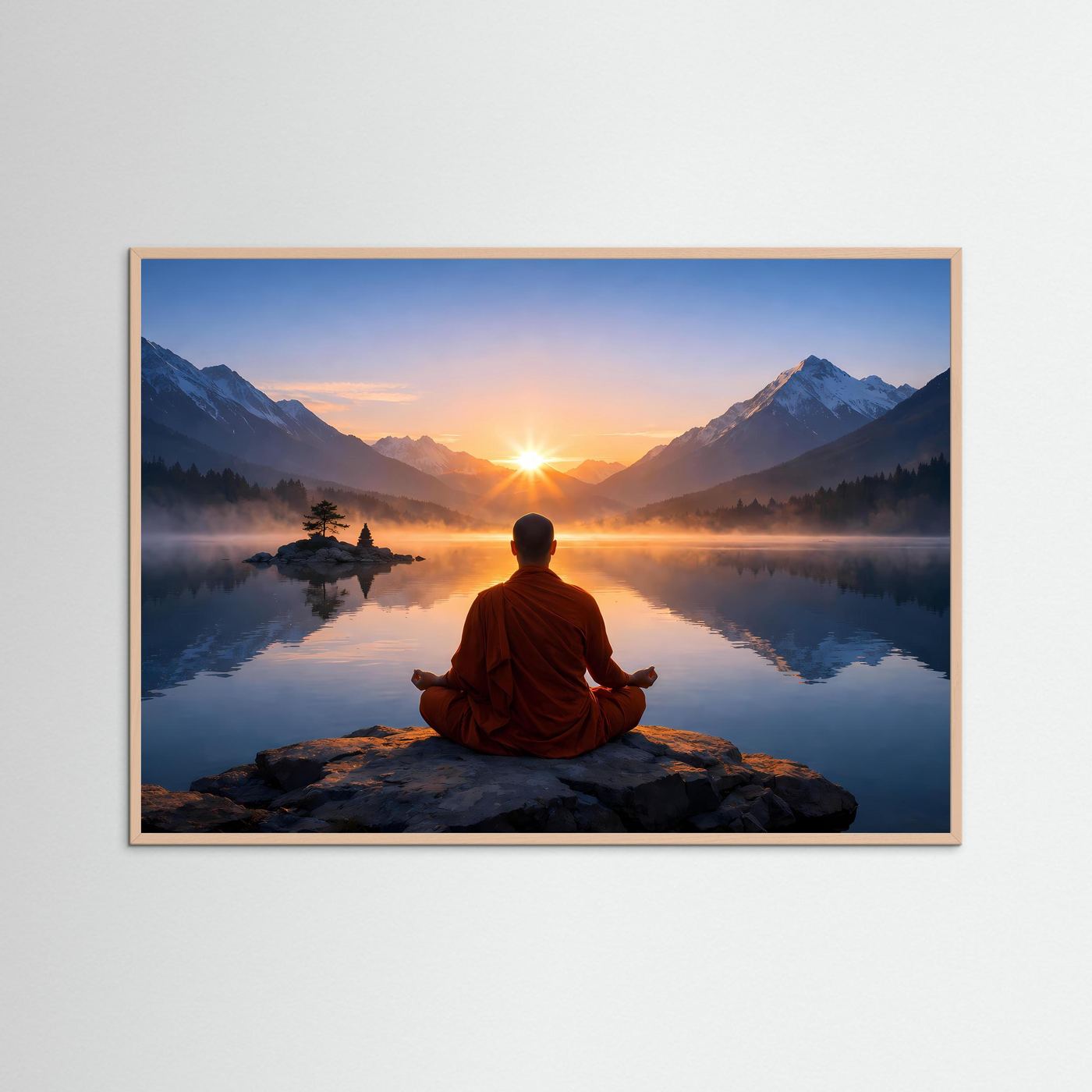 Gerahmtes Poster: meditierender Mönch auf Felsen am Bergsee zum Sonnenaufgang, naturfarbener Holzrahmen