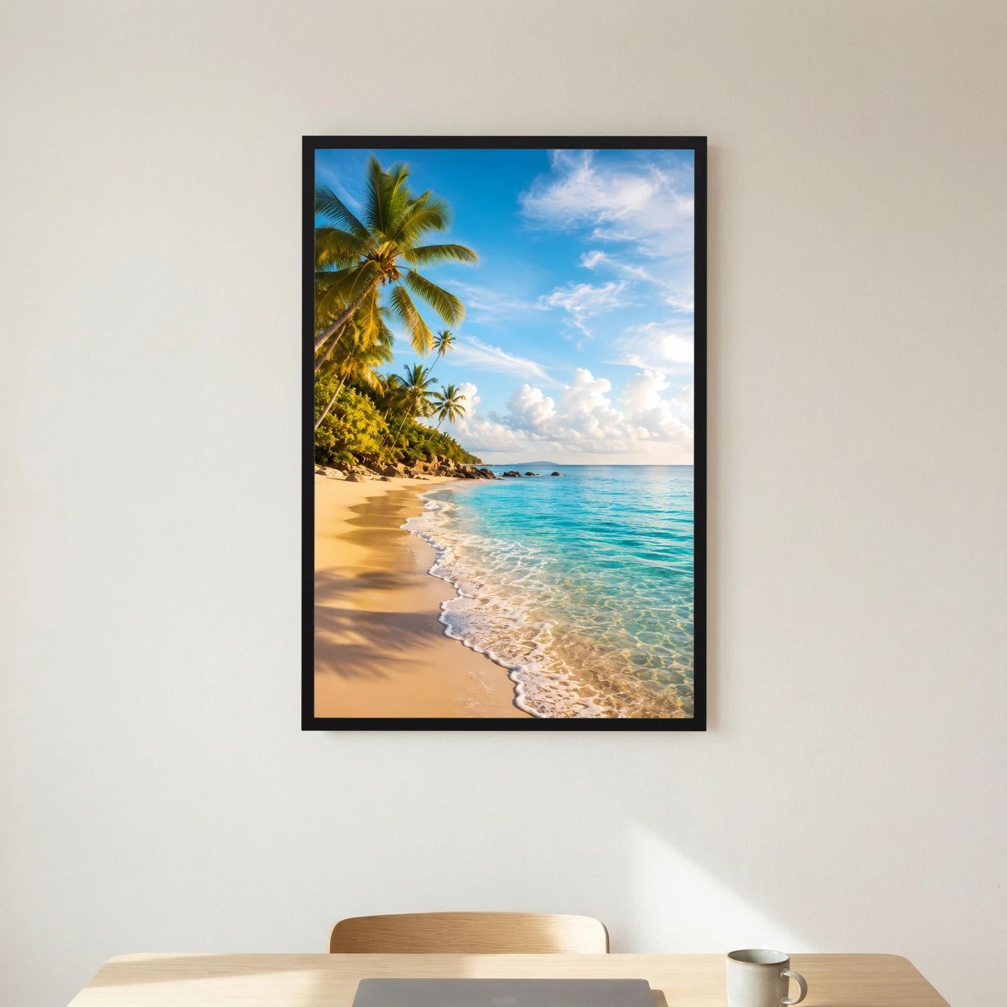 Hochformat-Poster mit Palmenstrand: türkisblaues Wasser, goldener Sand, schwarzer Rahmen