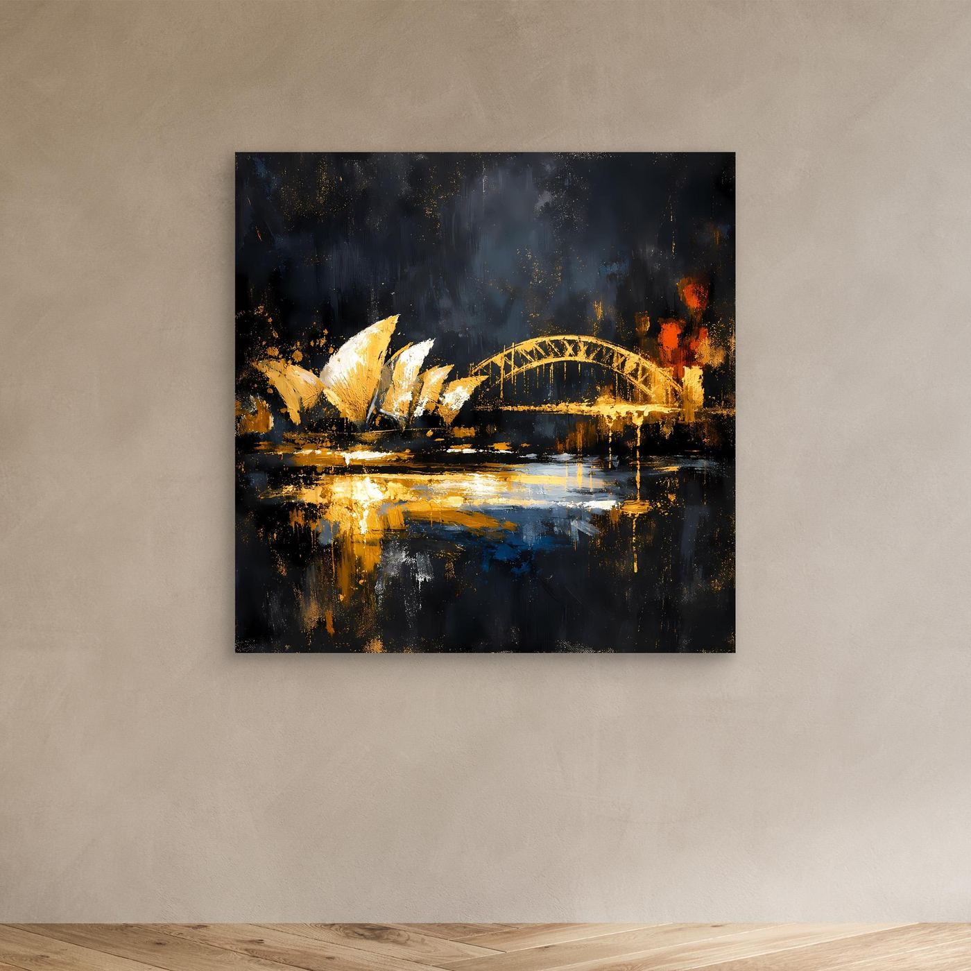 Leinwand Goldene Skyline von Sydney bei Nacht | Modernes Australien Wandbild