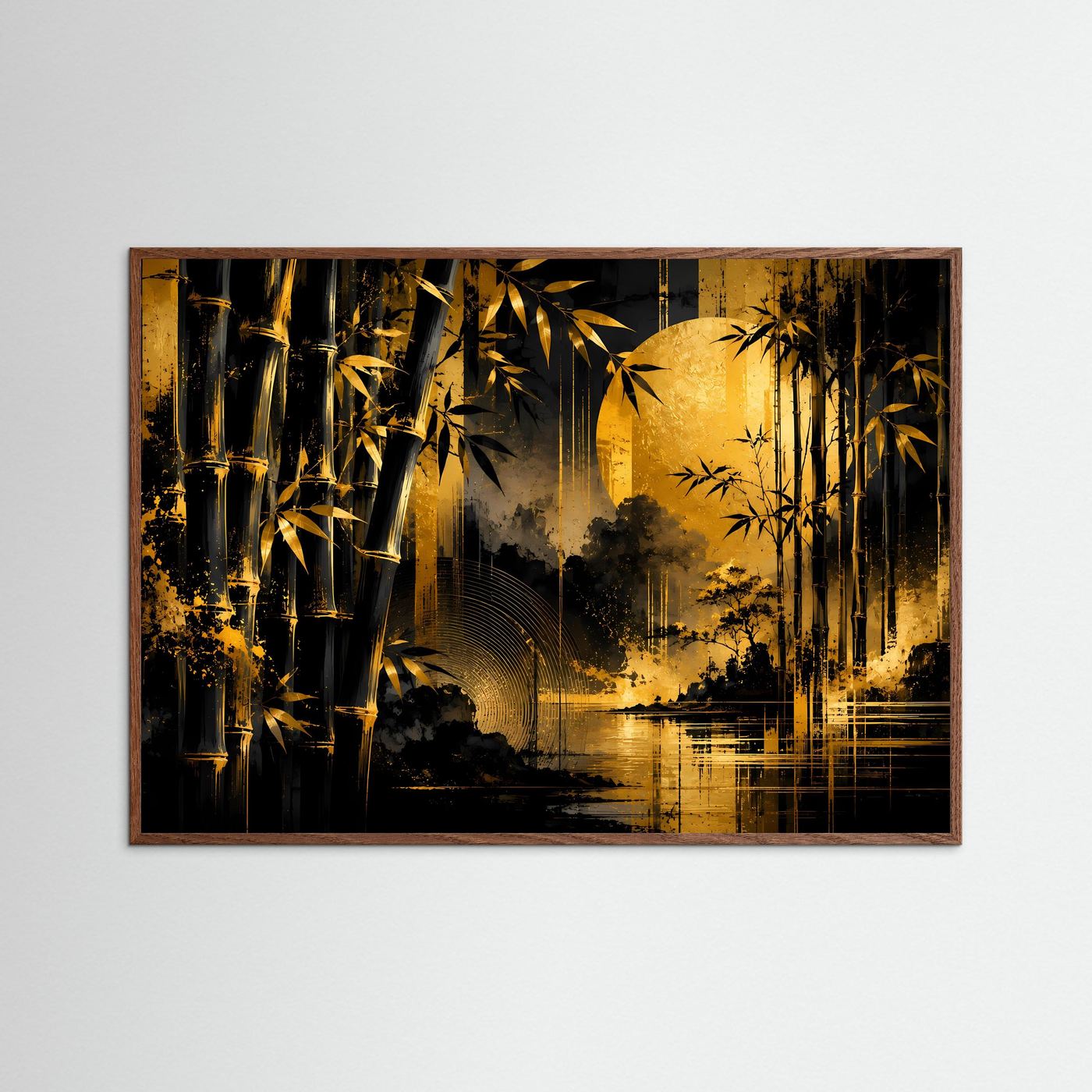 Goldener Bambuswald bei Mondlicht | Elegante asiatische Naturkunst in Schwarz & Gold mit Wasserreflexion | Luxuriöse abstrakte Wandkunst