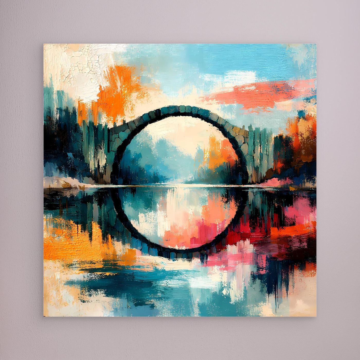 Premium Leinwand Mystische Kreisbrücke im Wasser | Abstraktes Natur Wandbild farbenfroh