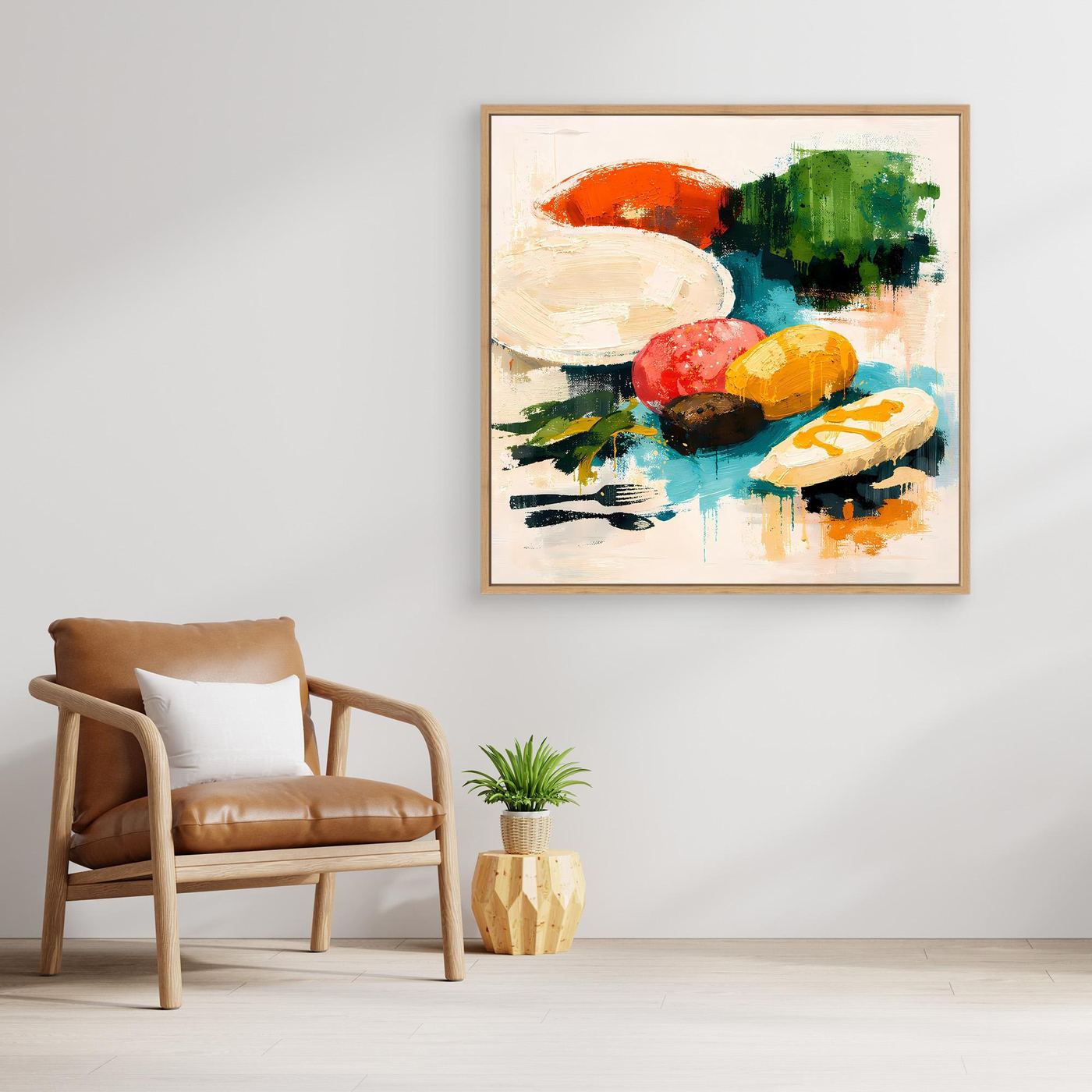Abstraktes Wandbild mit farbigen Lebensmittel- und Dinner-Elementen, mit Holzrahmen